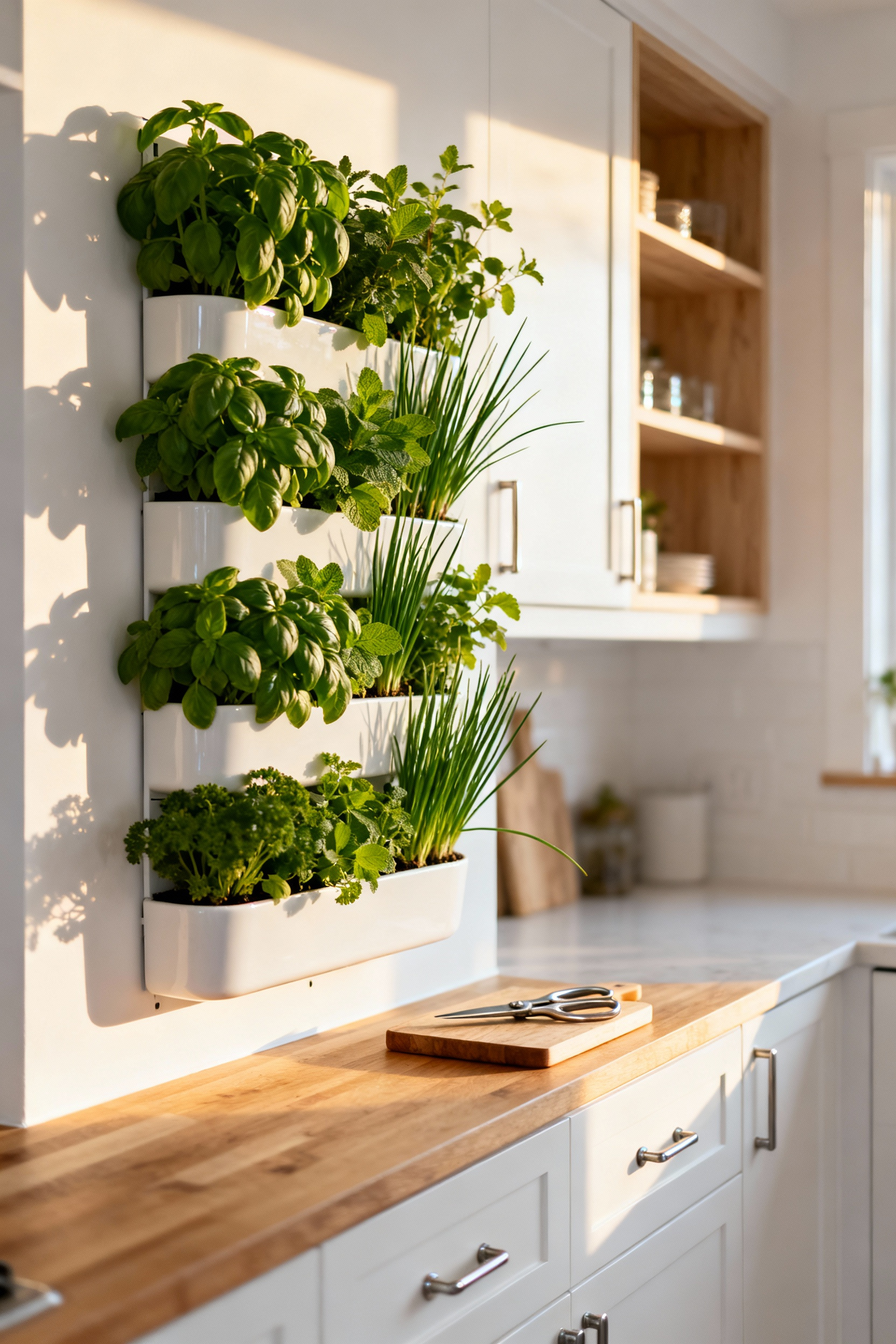 A minimalist Scandinavian kitchen featuring a vertical living herb wall with lush basil, mint, and chives, maximizing vertical space for fresh ingredients and enhanced air quality.