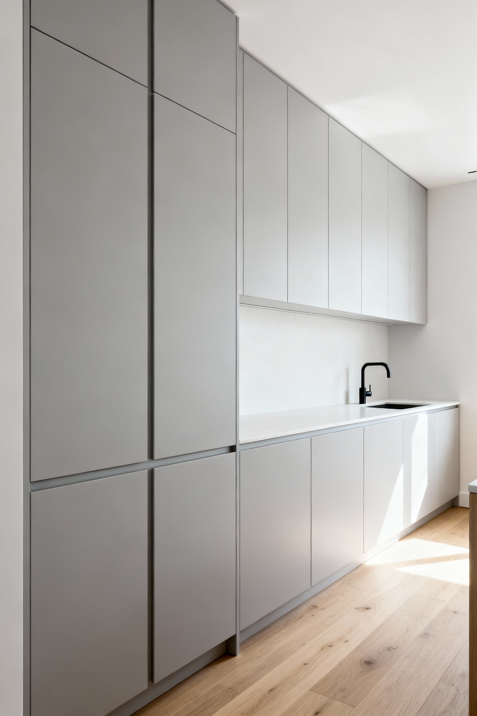 A small, minimalist Scandinavian kitchen featuring seamless, handleless, floor-to-ceiling gray cabinetry that maximizes vertical storage volume.