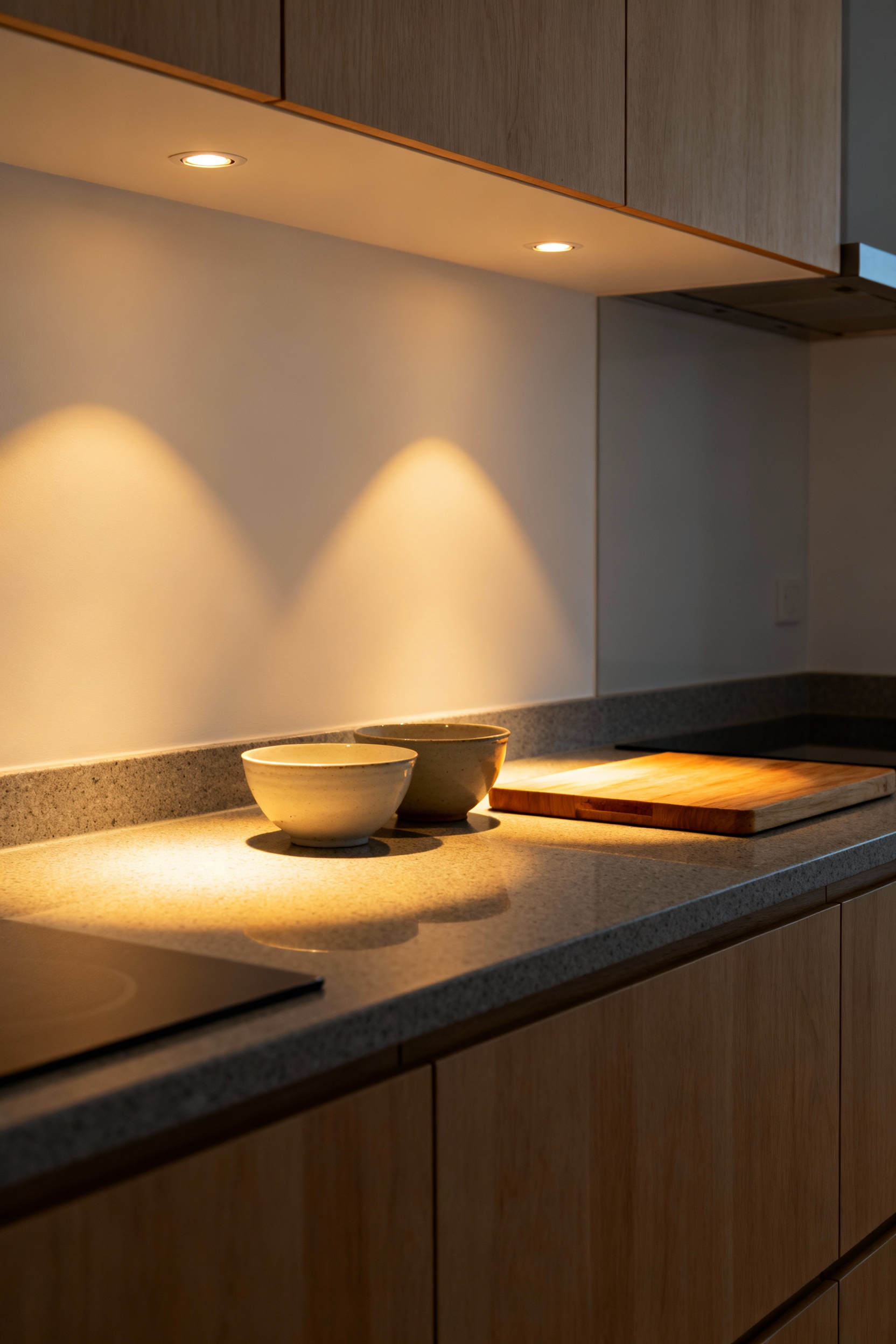 Warm recessed kitchen light fixtures properly positioned 15 inches from the wall over a seamless white countertop, illustrating bright, shadow-free task lighting in a minimalist Scandinavian kitchen design.