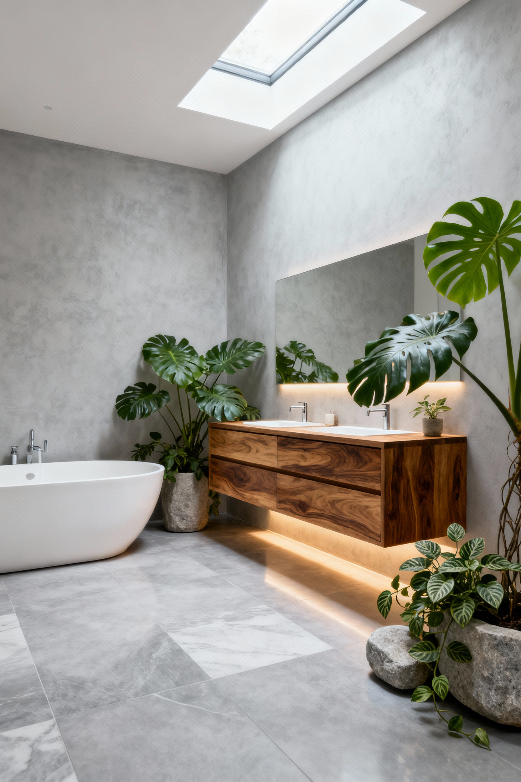 Scandinavian Organic Modern bathroom featuring a teak floating vanity, large white soaking tub, and lush green plants creating a biophilic sanctuary.