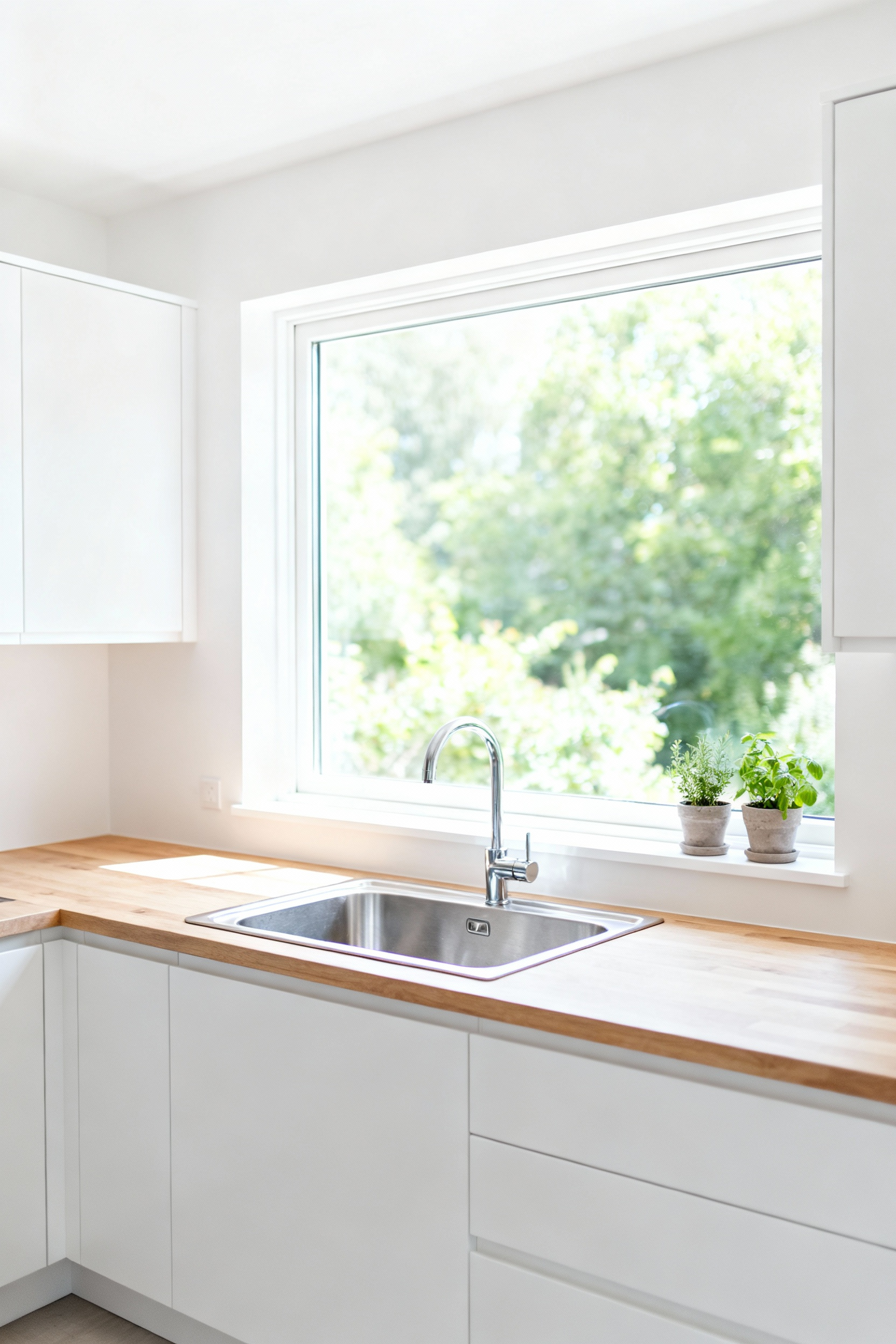 A bright, minimalist Scandinavian kitchen featuring a sink centered beneath a large, untreated window that floods the room with natural daylight, demonstrating cost-effective biophilic design principles.