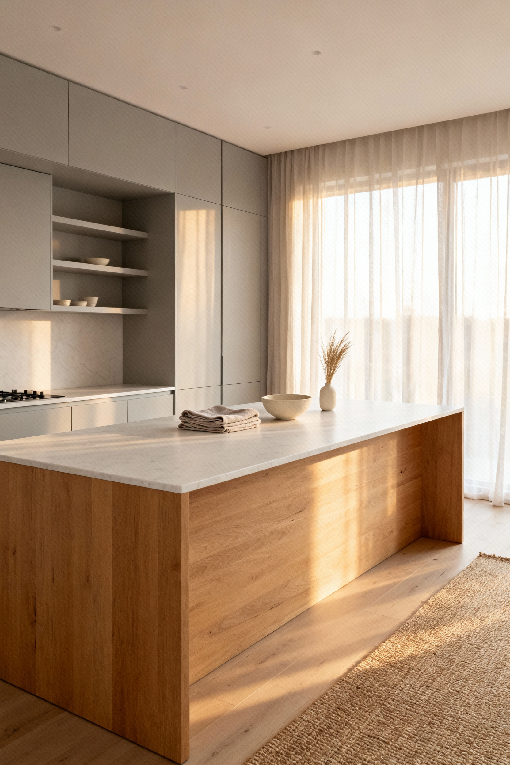 A bright, warm minimalist Scandinavian kitchen with light grey cabinets and an oak island, designed to be the emotional anchor of the home using the Lagom philosophy.