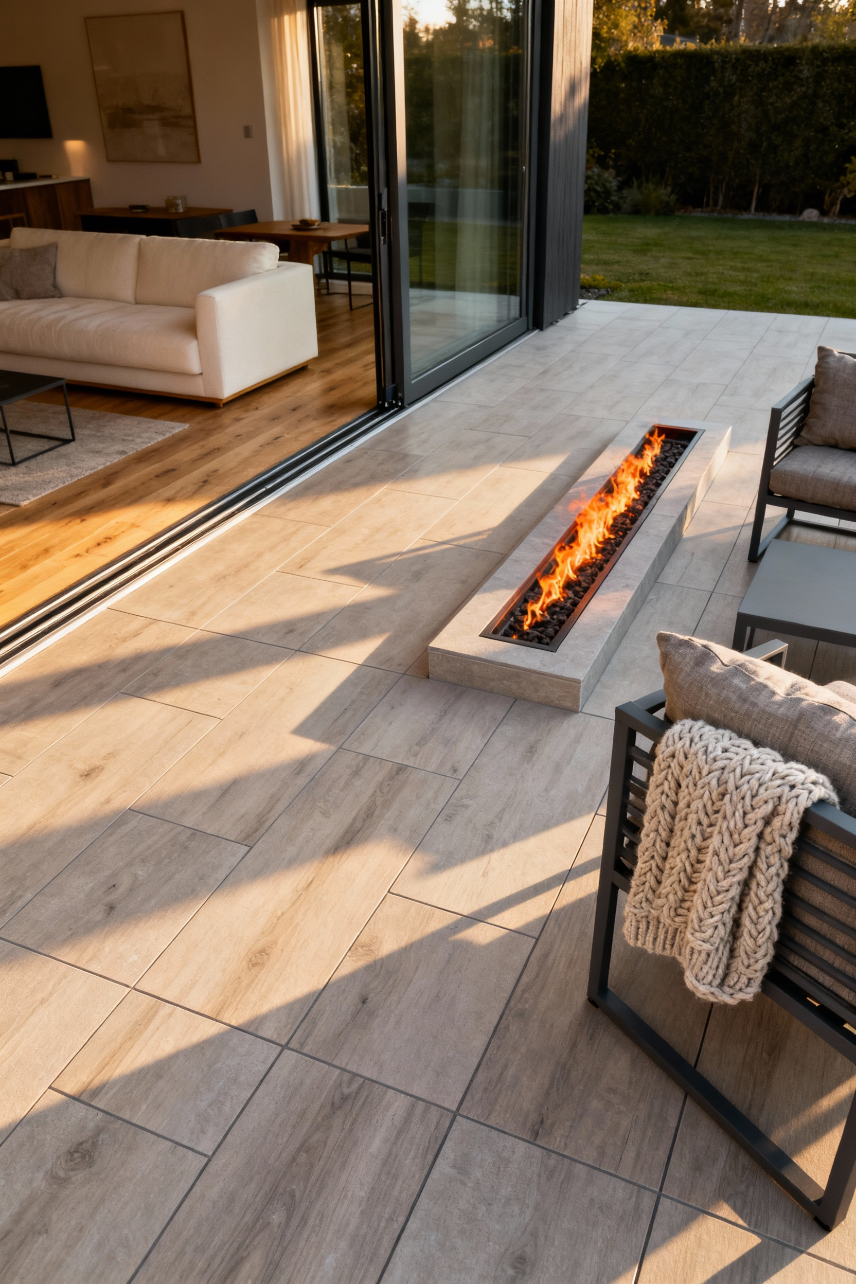 A wide architectural photo showing a minimalist Scandinavian living room seamlessly flowing onto a patio with identical gray flooring, featuring a warm gas fire pit for extended seasonal use.