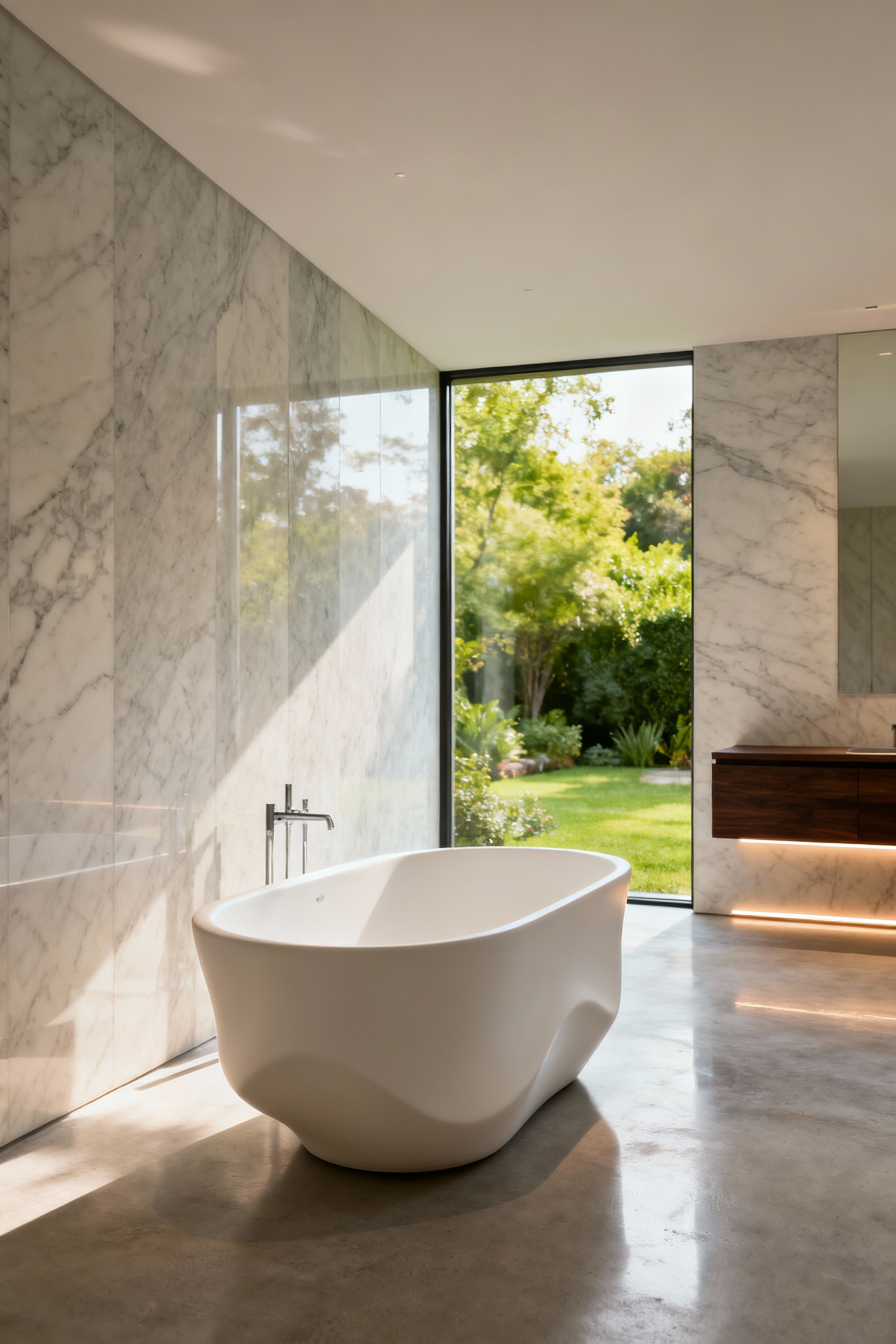 A luxurious modern bathroom featuring a matte white sculptural solid-surface resin tub as the central focal point, surrounded by honed marble walls and concrete flooring.