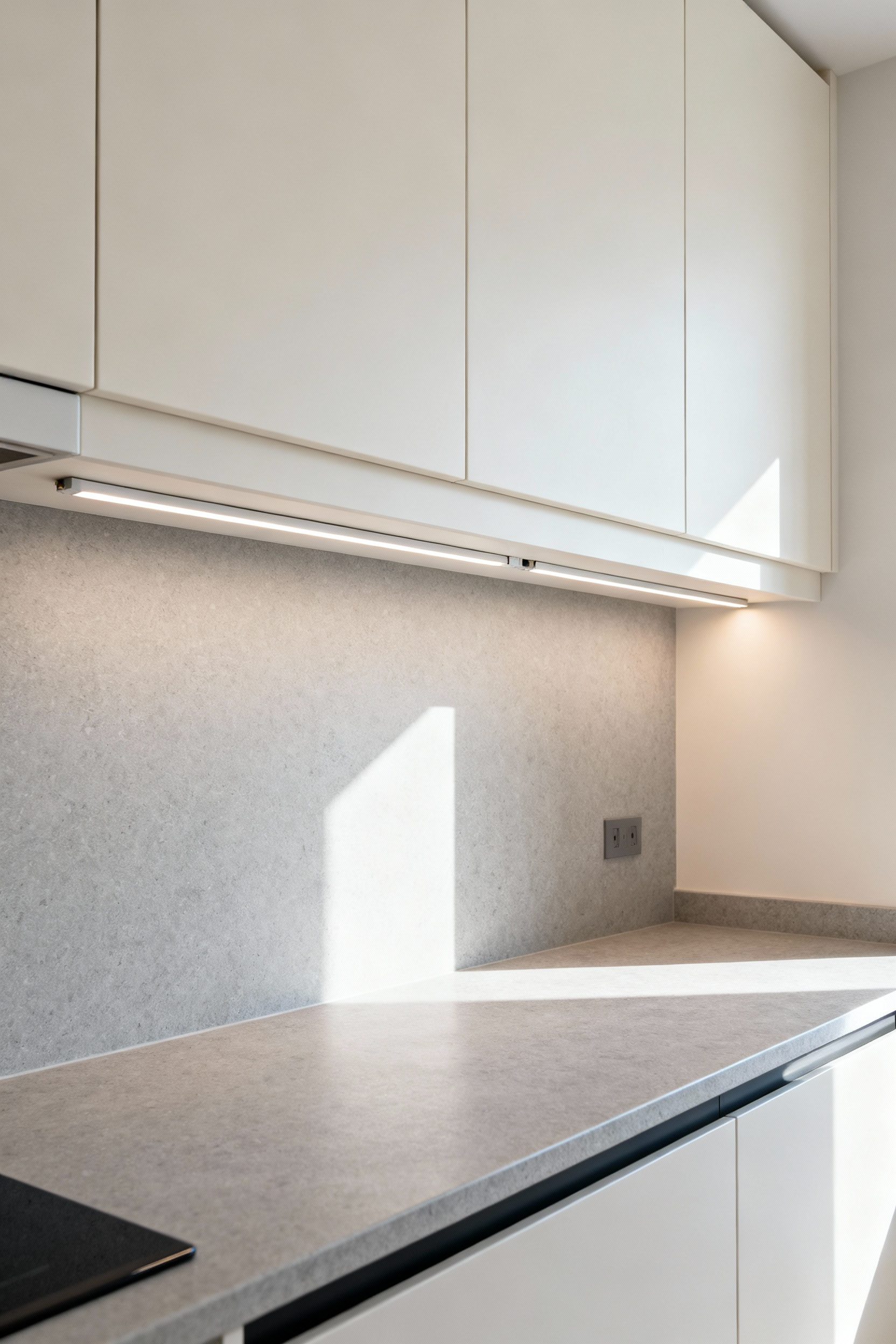 Minimalist white kitchen showing concealed under-cabinet lighting hidden behind a custom cabinet valance for a clutter-free, seamless aesthetic.