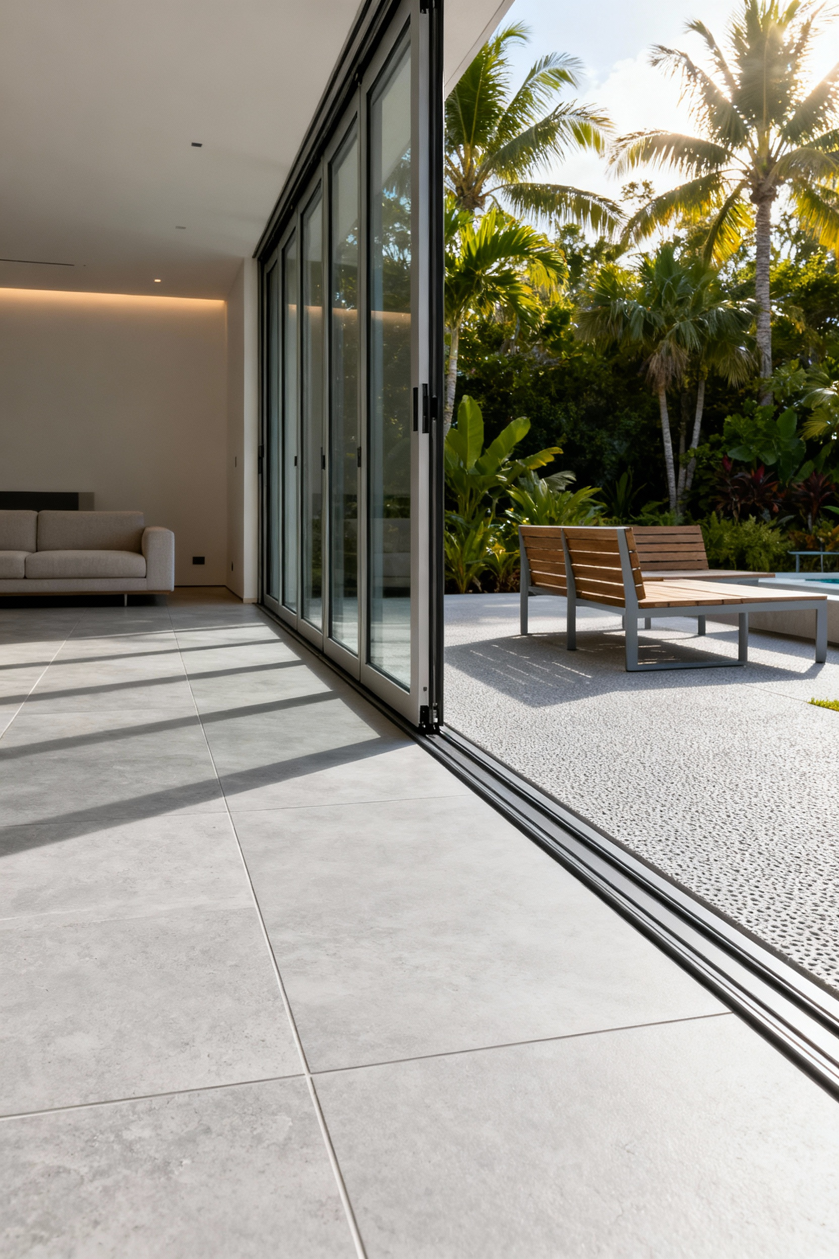 A photograph showing a seamless, flush transition from a modern living room to an outdoor patio, using continuous, large-format gray porcelain tile flooring laid in the same direction to dissolve the threshold.