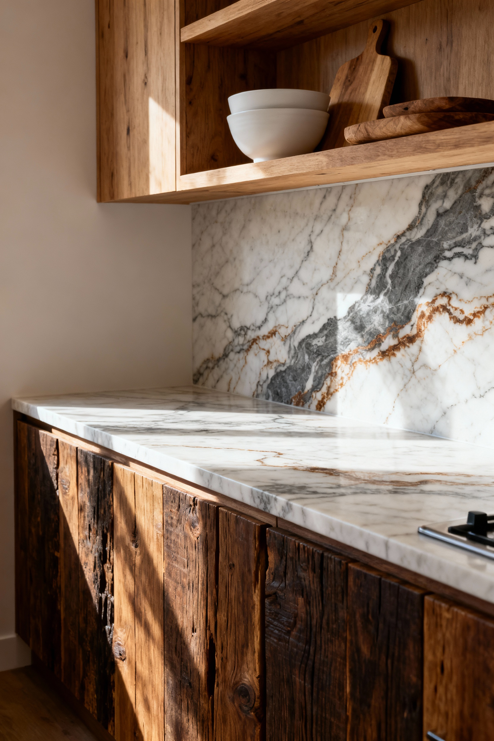 Small biophilic kitchen design featuring a heavily veined natural stone countertop, rich reclaimed walnut wood cabinetry, and open shelving, emphasizing functionality and restorative natural textures.
