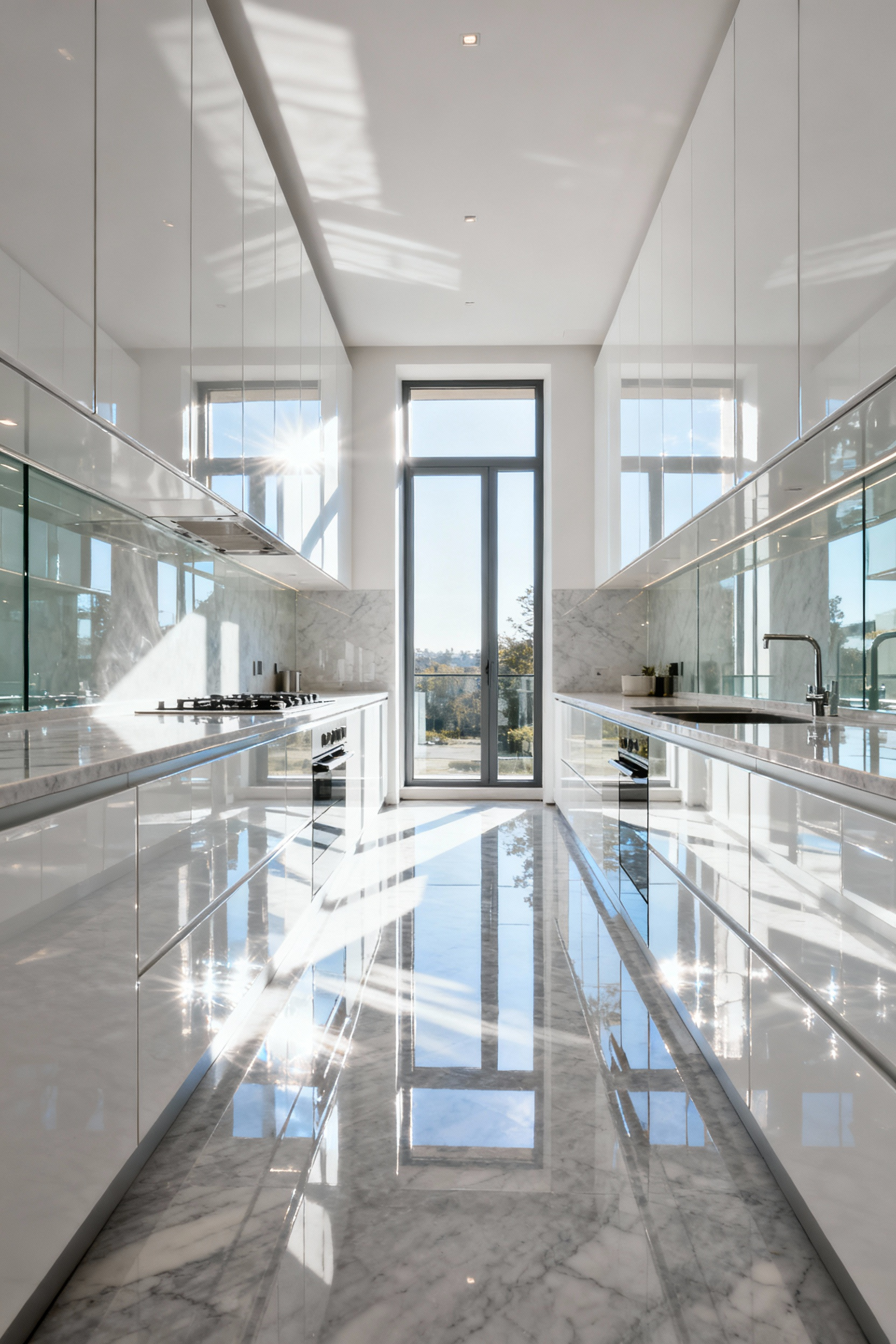 A small, modern kitchen featuring high-gloss white lacquer cabinets that intensely reflect natural light, illustrating how reflective surfaces visually expand a compact space.