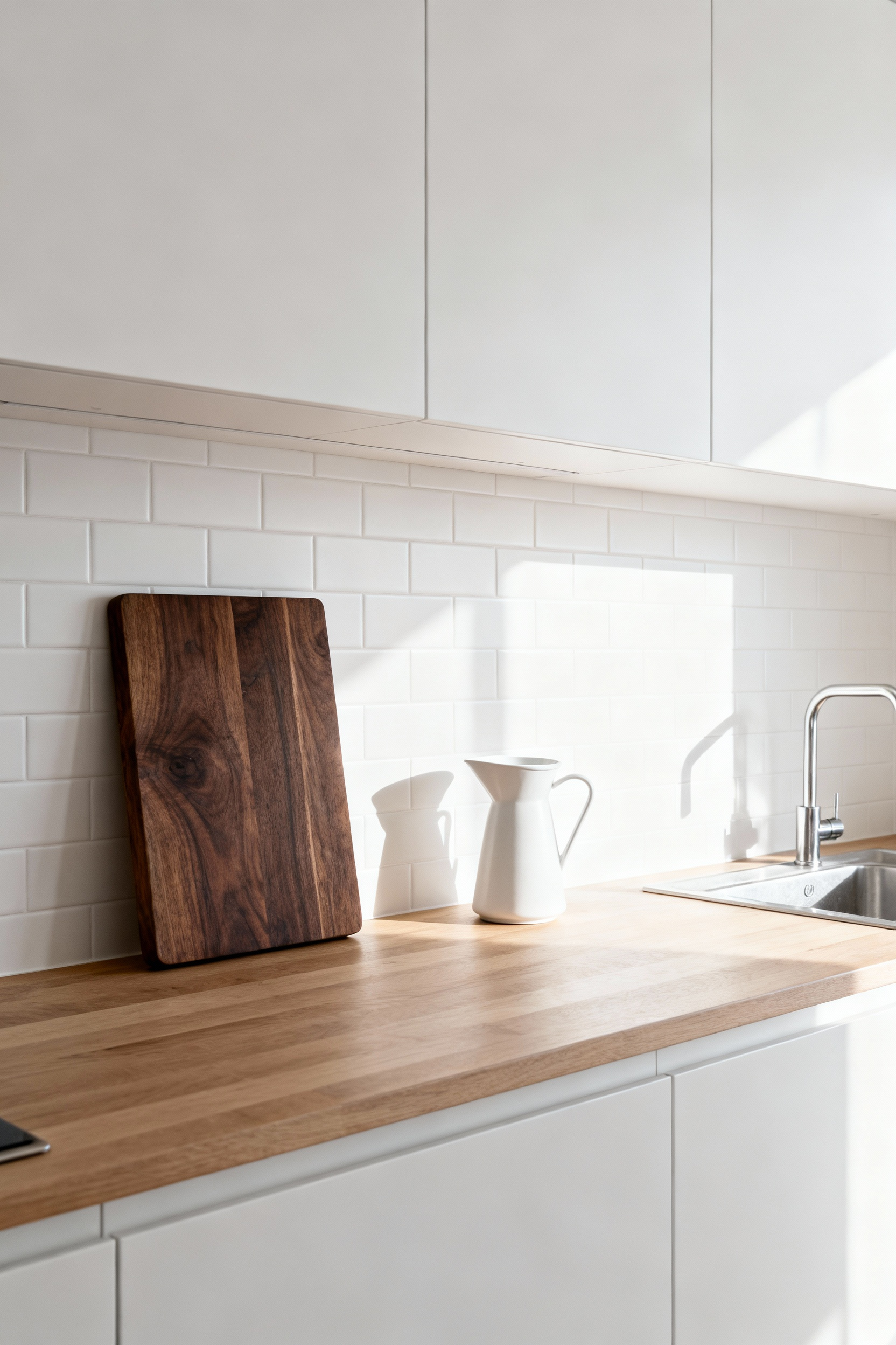 Pristine Scandinavian small kitchen design showing a sparse, minimalist light wood countertop holding only a decorative walnut cutting board and a white ceramic pitcher, emphasizing the "less is more" design philosophy.