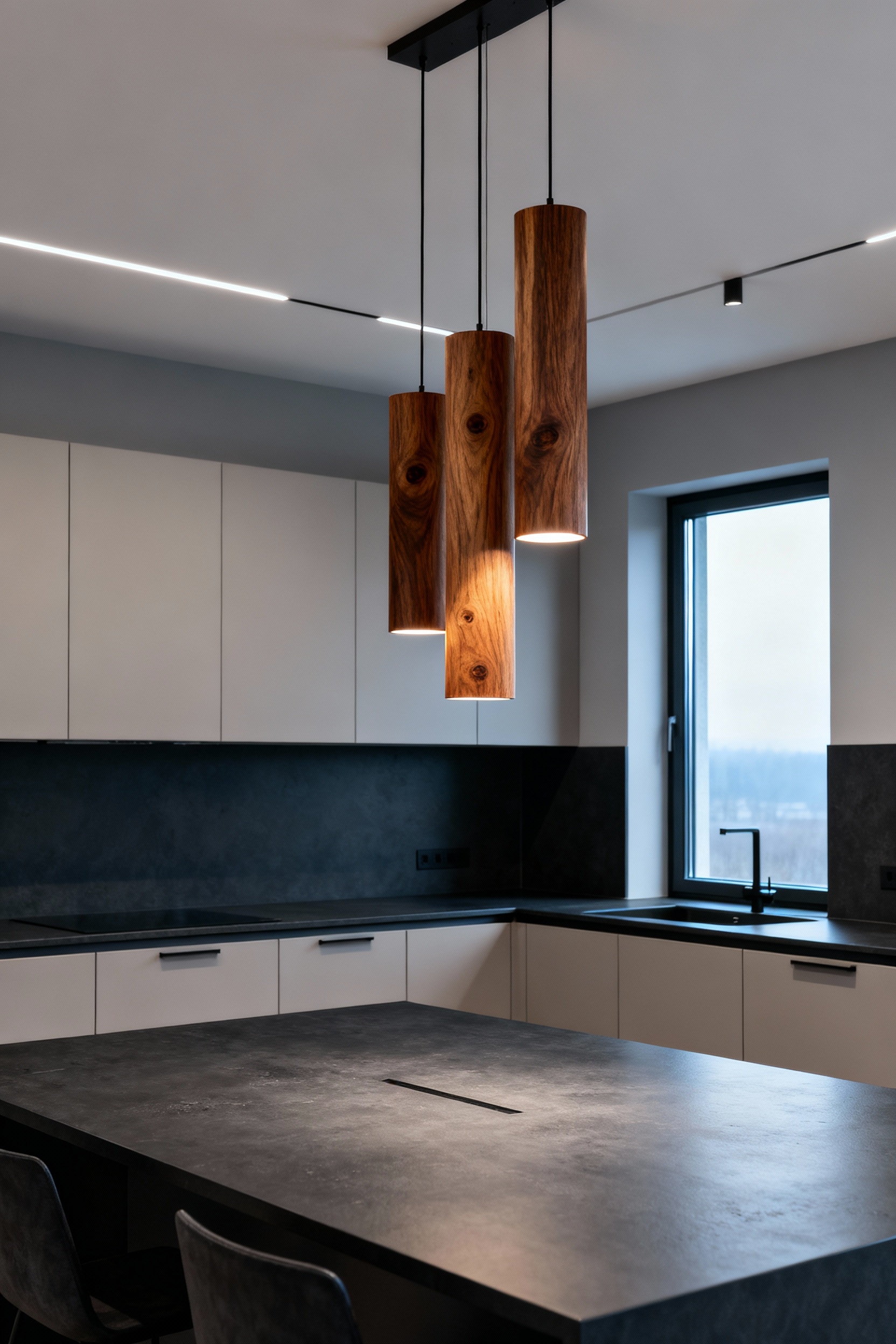 A cluster of three solid walnut wood pendant light fixtures hanging above a matte charcoal kitchen island, illustrating material authenticity in a modern, Nordic design aesthetic.