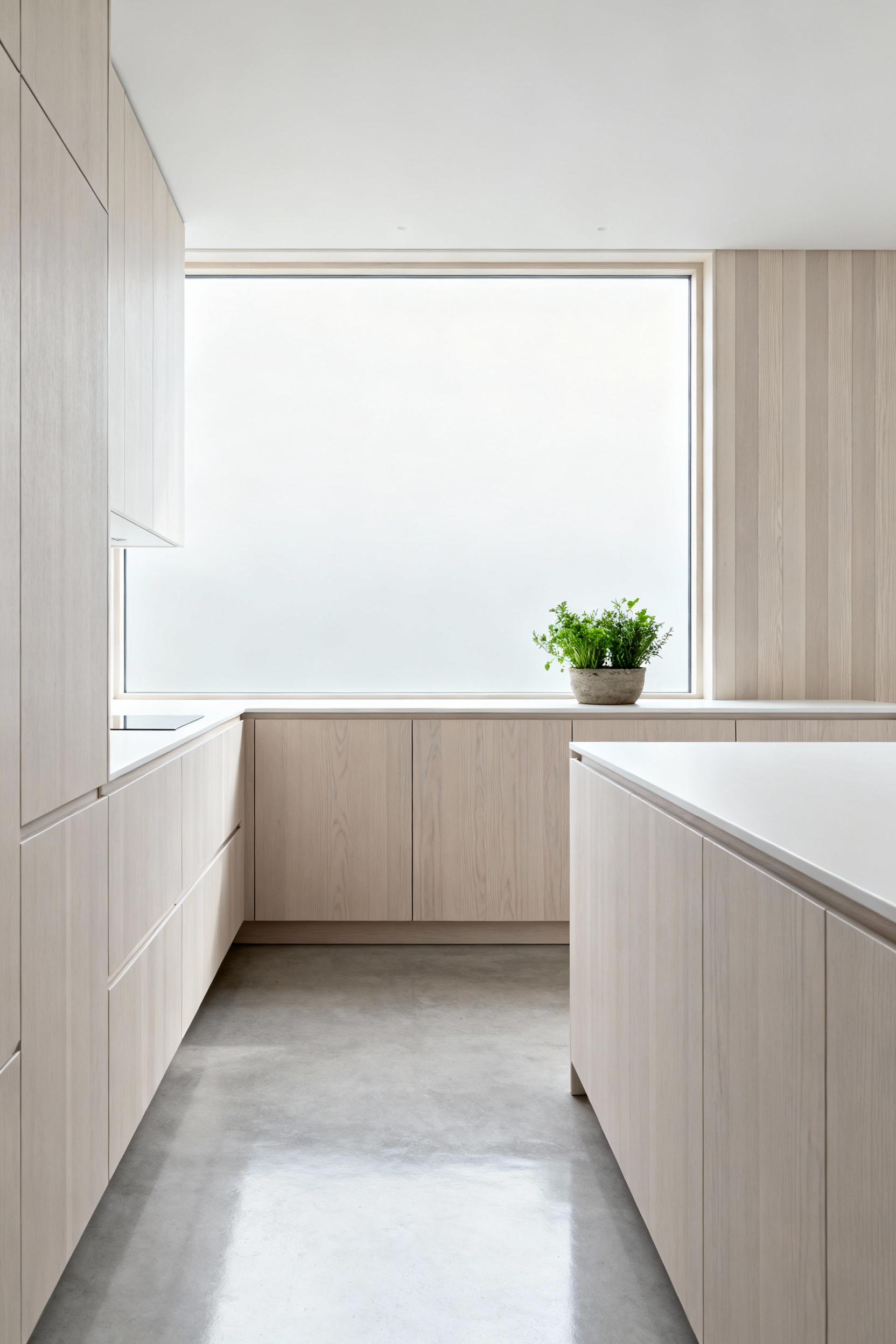 A full kitchen featuring light-toned ash or pale oak cabinetry in a minimalist, Scandinavian style, emphasizing the bright, airy feel of sustainably sourced FSC-certified wood.