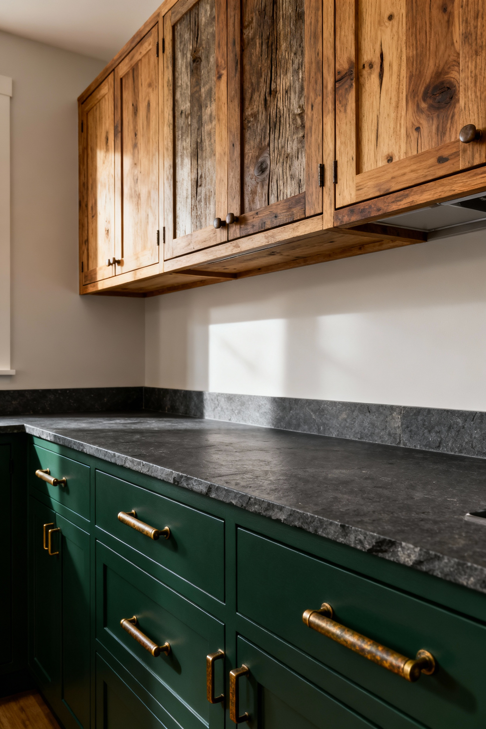 A transitional kitchen featuring deep forest green cabinetry, solid unlacquered brass hardware with a visible patina, and handleless reclaimed oak upper cabinets, emphasizing durable, sustainable hardware choices for longevity.