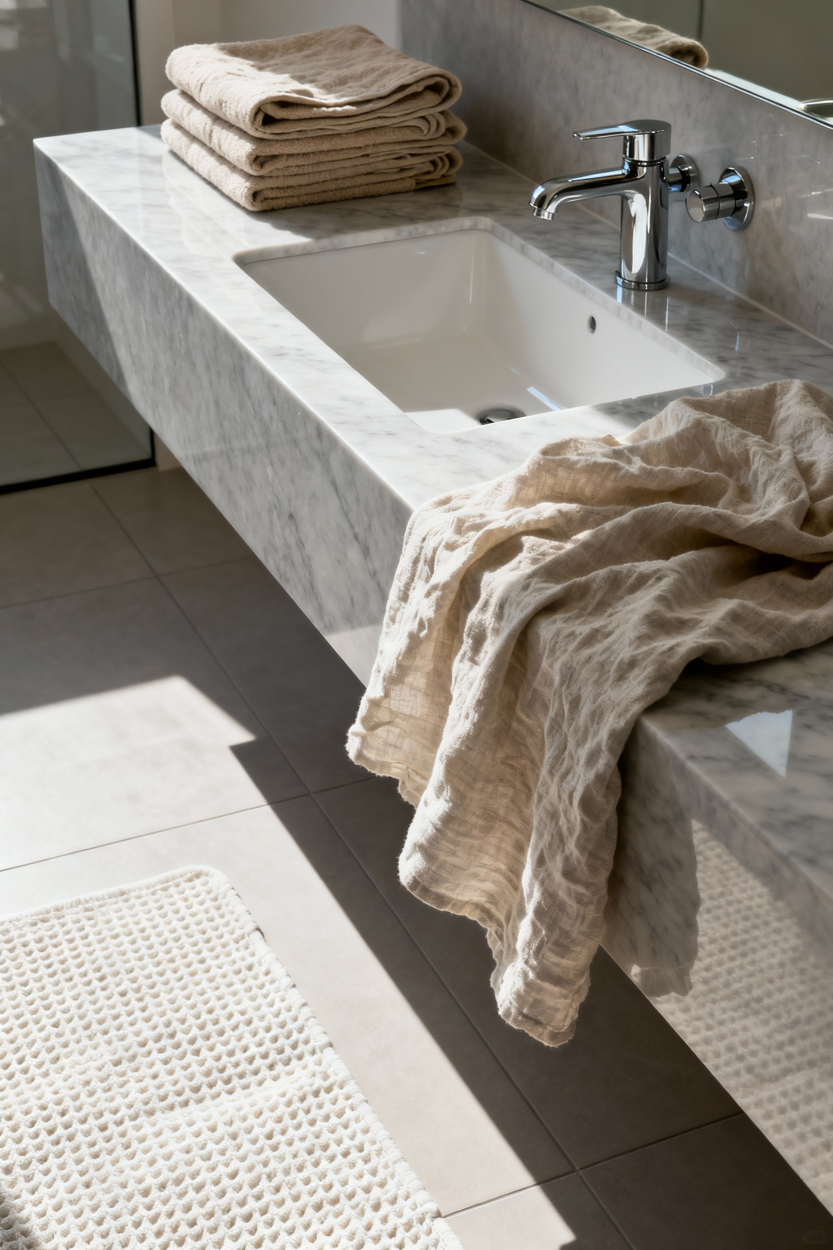 A modern bathroom interior showing the textural contrast between smooth polished light grey marble countertops and soft, crumpled natural linen towels.