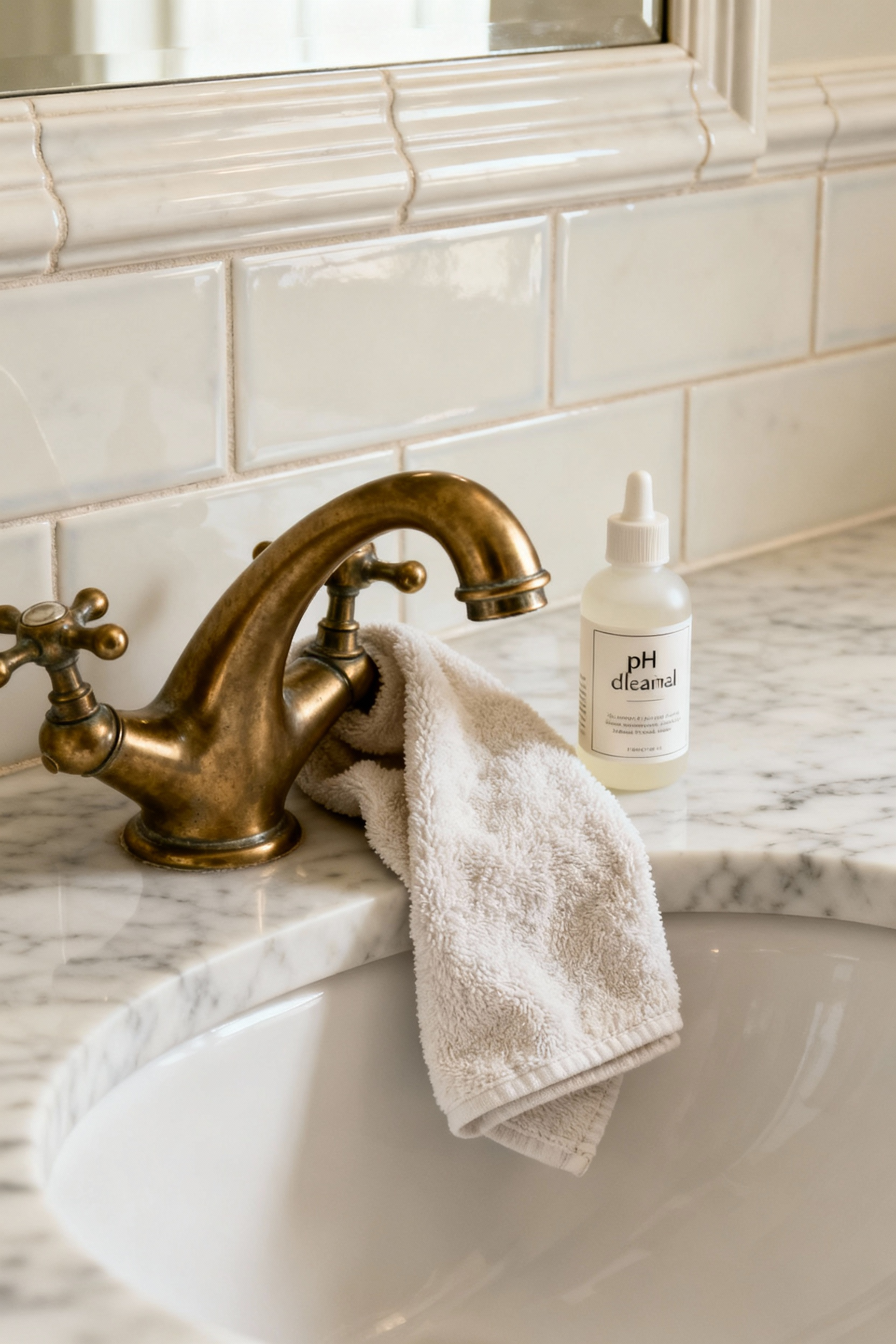 Close-up of a meticulously cared-for traditional bathroom featuring a natural stone vanity and a gleaming unlacquered brass faucet, emphasizing the importance of maintenance for enduring design.