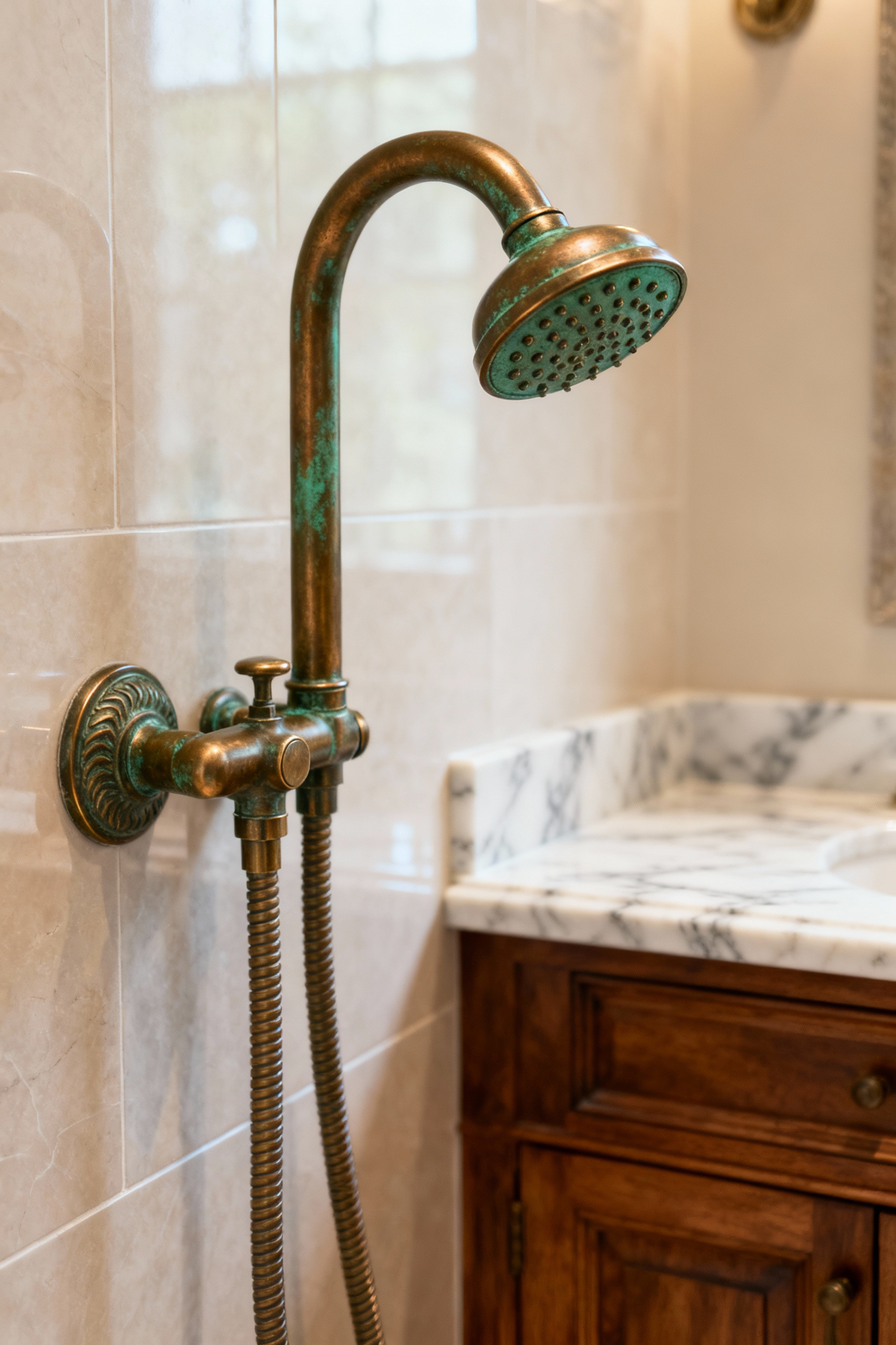 A close-up view of an unlacquered brass bathroom faucet, featuring a naturally developed rich patina. The elegant fixture is set against a backdrop of classic Carrara marble and warm wood, embodying timeless luxury and graceful aging.
