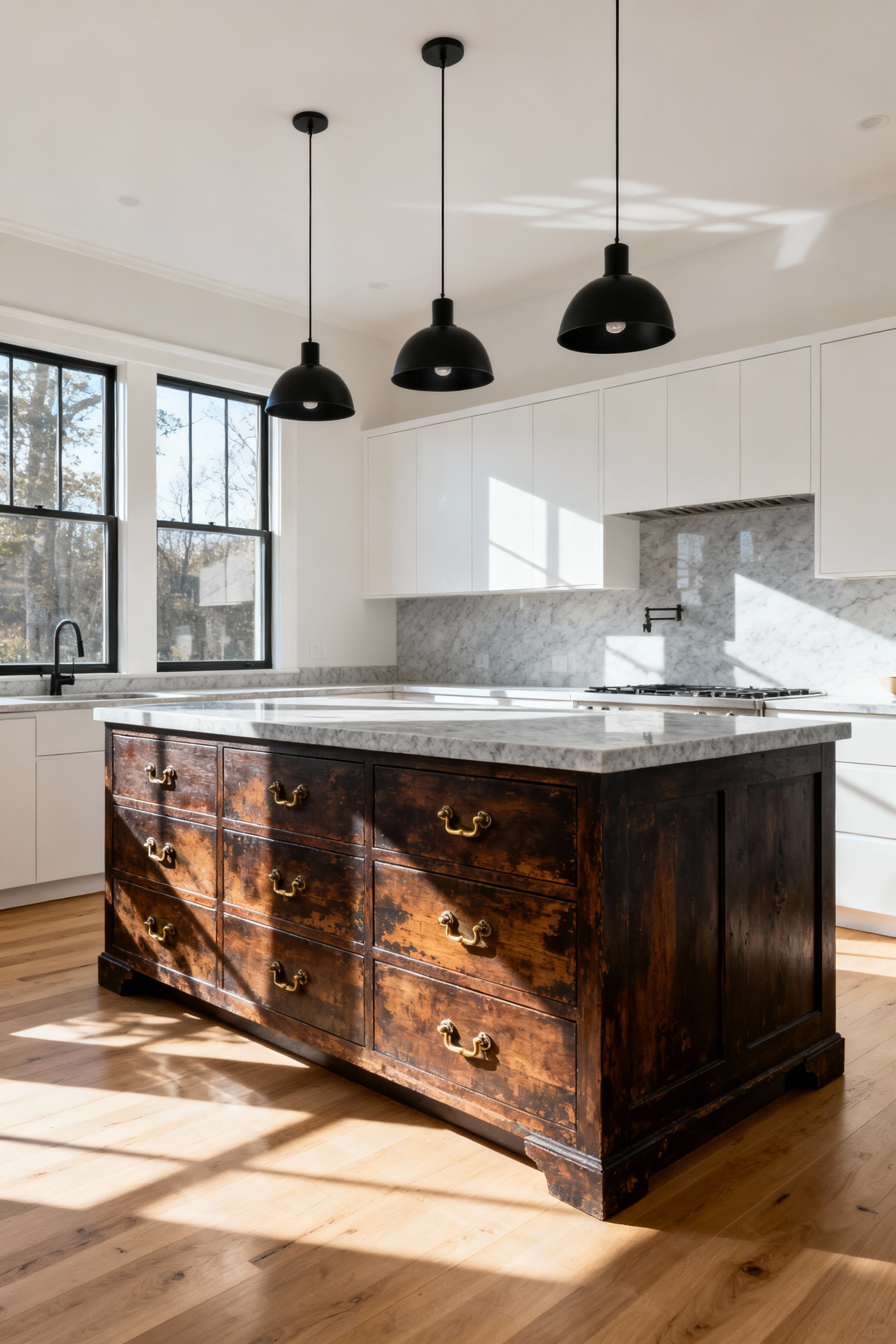 A transitional kitchen featuring an island made from a dark distressed walnut apothecary cabinet contrasting with sleek white modern perimeter cabinets.