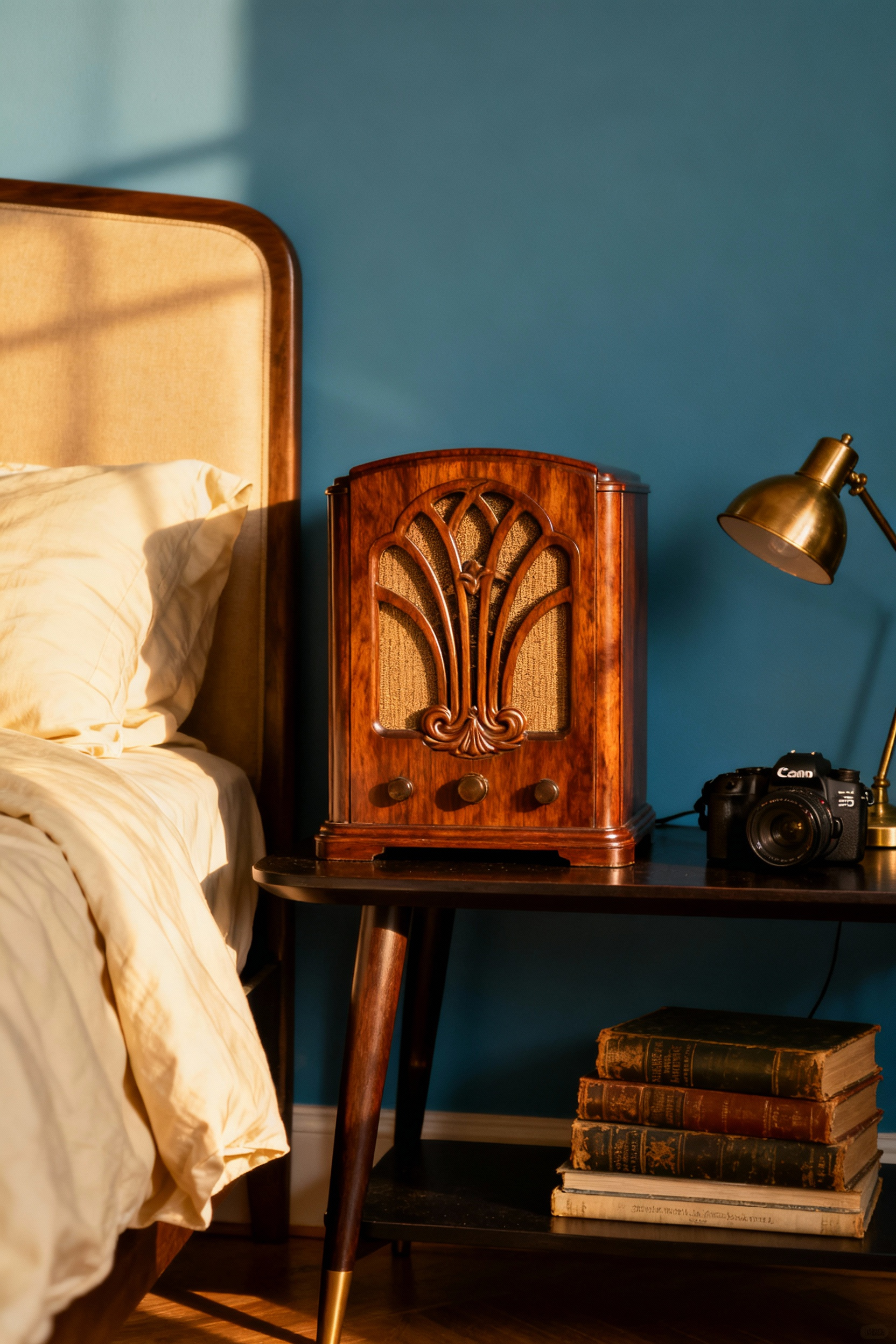 A vintage 1930s wooden tabletop radio displayed on a mid-century modern nightstand in a warmly lit bedroom, showcasing its use as functional sculptural decor.