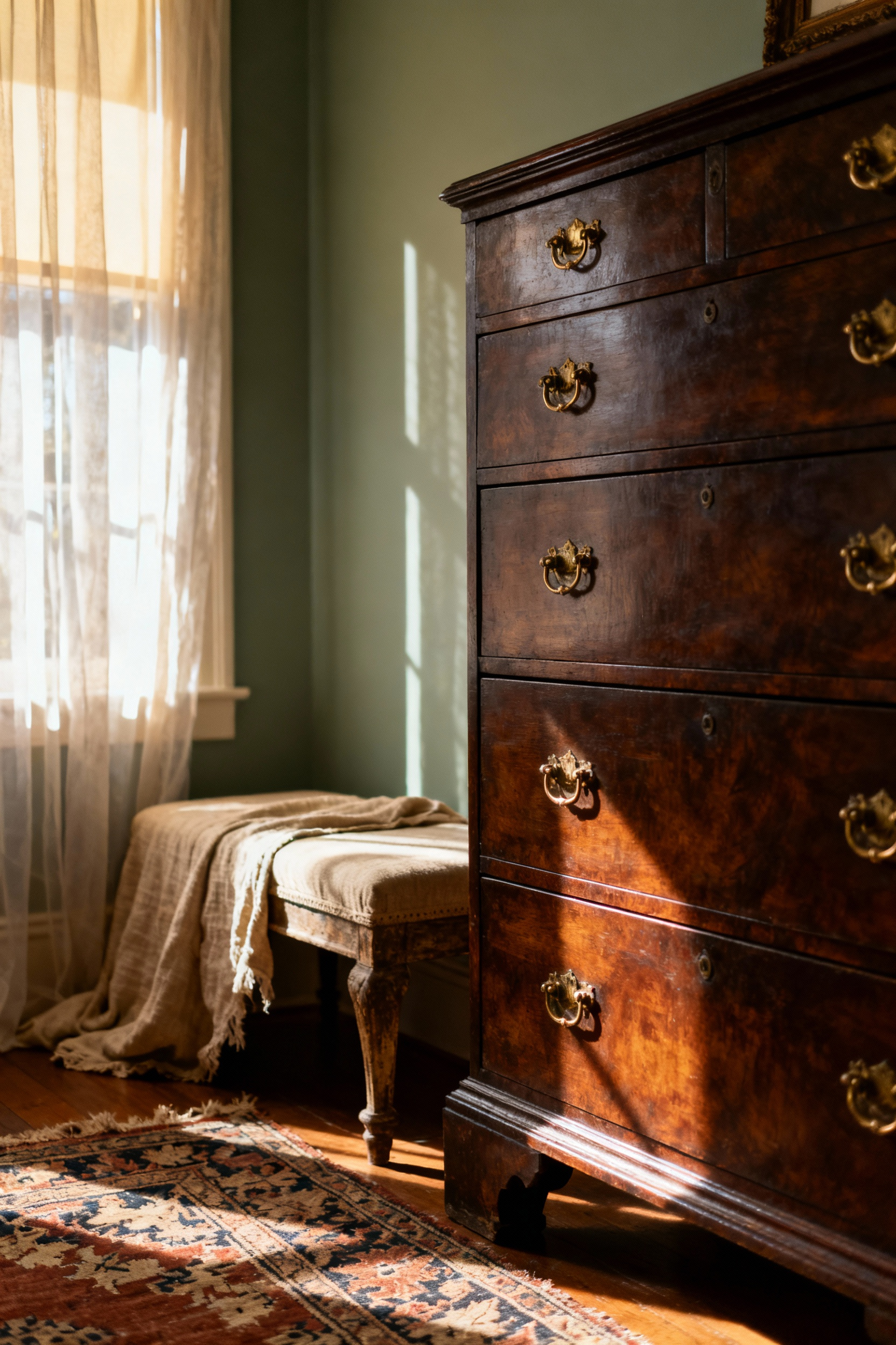 A serene vintage bedroom featuring a dark mahogany Georgian highboy dresser, an antique rug, and a layered, curated aesthetic under soft morning light.