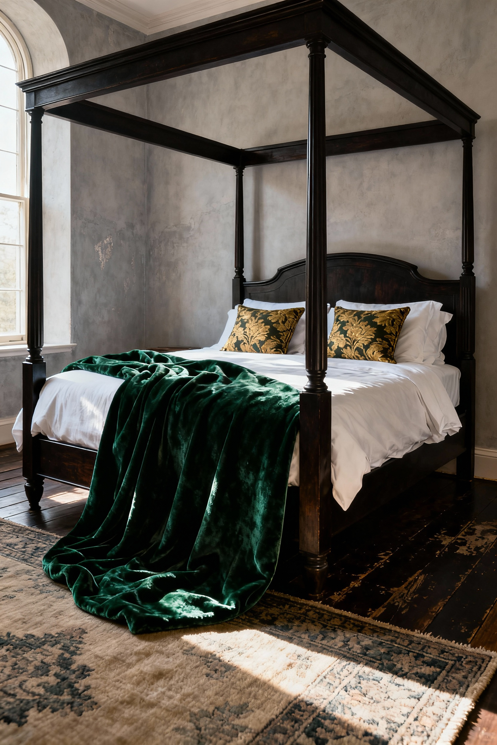 Wide shot of a vintage bedroom featuring a four-poster bed layered with contrasting textiles including a hunter green velvet throw, gold damask pillows, and white linen sheets, emphasizing the blend of regal and rustic aesthetics.
