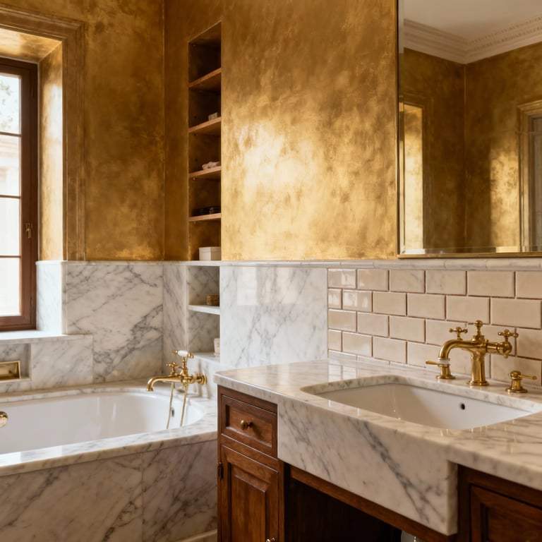 Luxurious timeless bathroom designed with Vitruvian principles of firmness, utility, and delight, featuring Carrara marble, subway tiles, brass fixtures, and soft natural light.