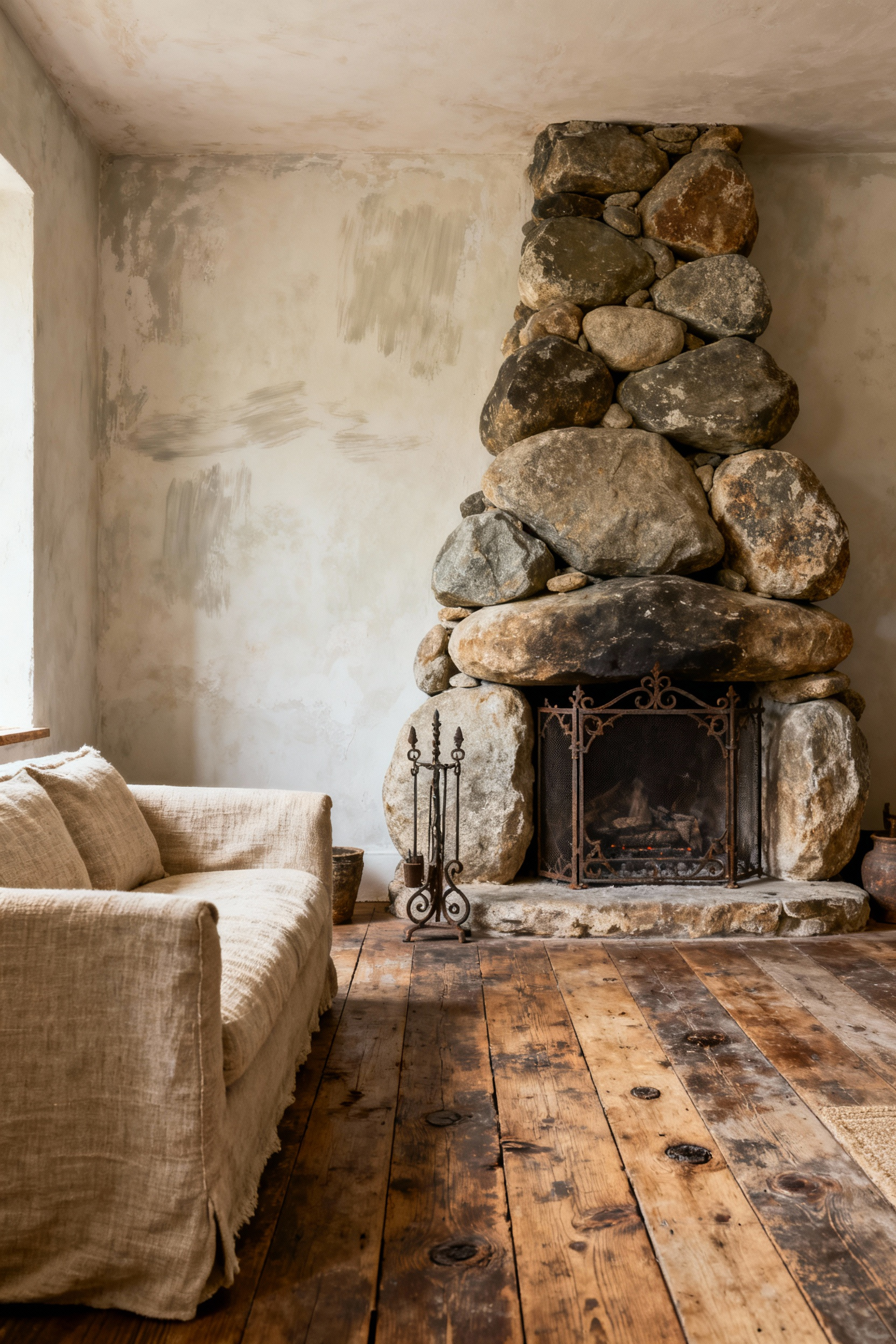Rustic living room designed with Wabi-Sabi principles, featuring a dry-stacked river boulder fireplace, reclaimed chestnut wood floors, linen textiles, and hand-forged iron accents, showcasing natural textures and aged beauty under soft natural light.