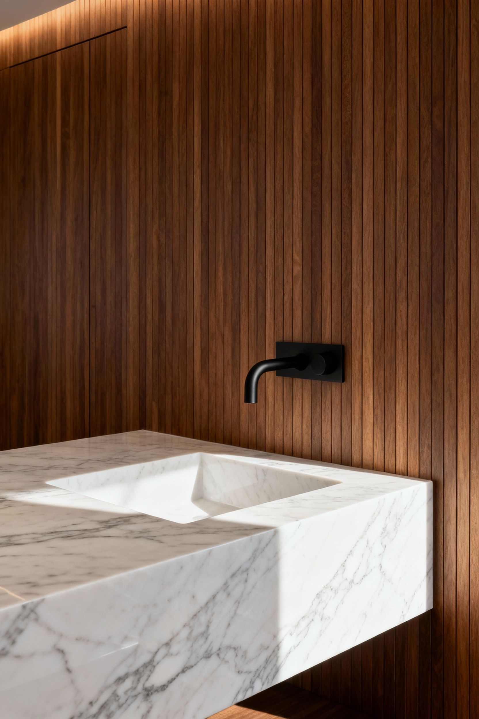 A modern bathroom vanity featuring a thick slab of white Calacatta marble countertop and a matte black wall-mounted faucet installed against a warm walnut panel wall, emphasizing decluttered space and hygiene.