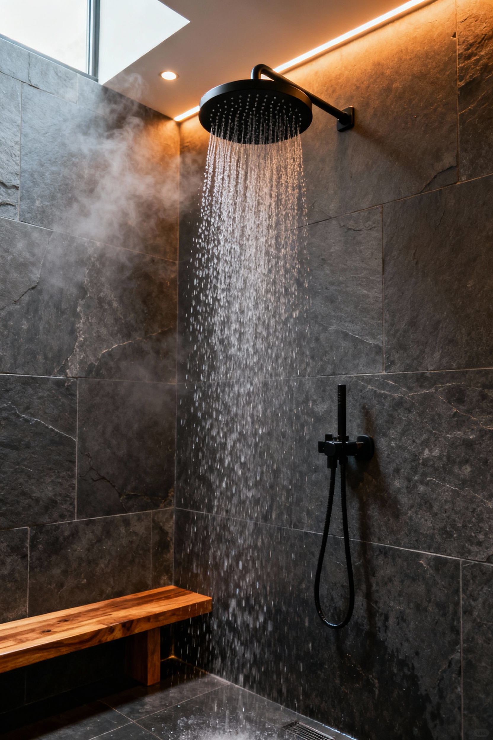 A modern, luxury bathroom wet room featuring a matte black rainfall shower system running air-injected, water-wise streams amidst large grey slate tiles, illustrating eco-conscious indulgence.