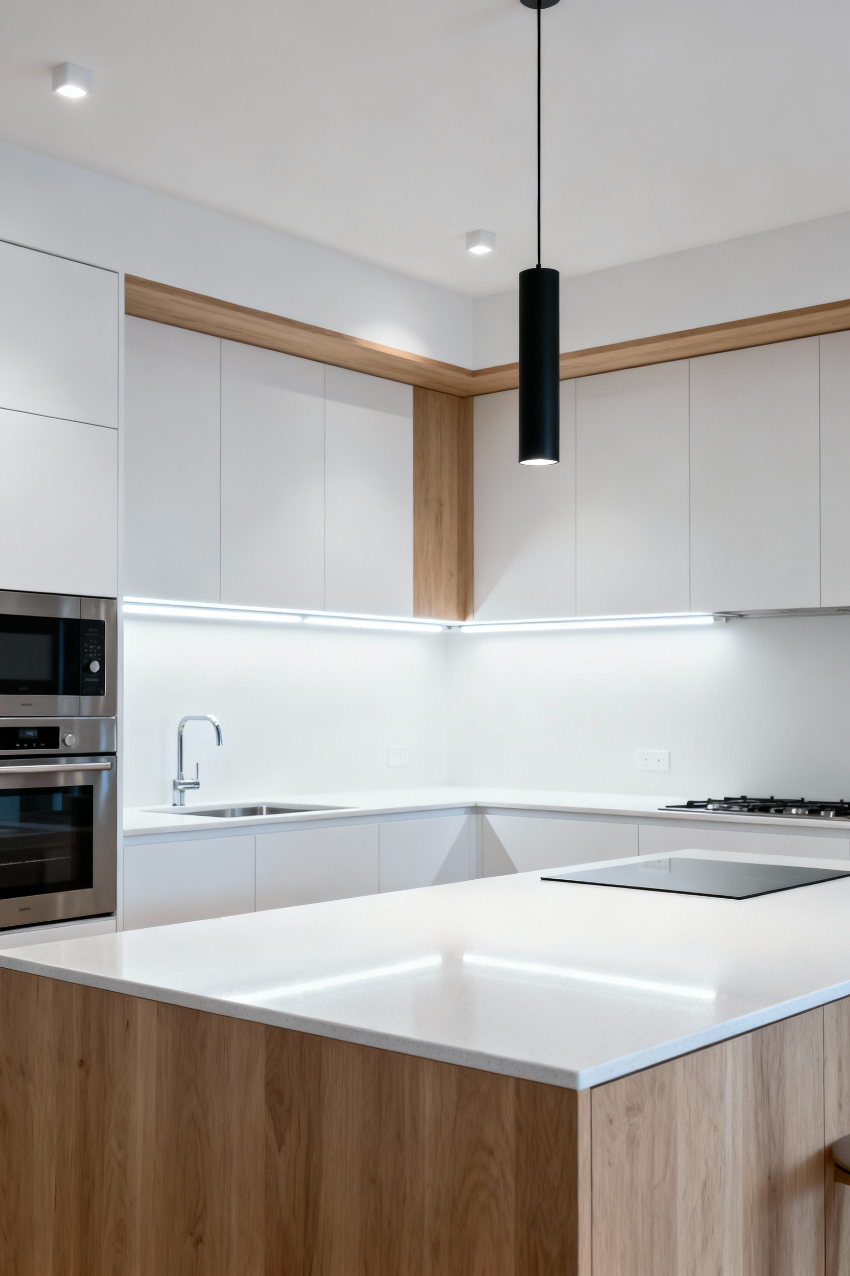 Scandinavian kitchen showcasing a zoned lighting system with maximized cool, high-Kelvin under-cabinet LED strips for effective morning task preparation.
