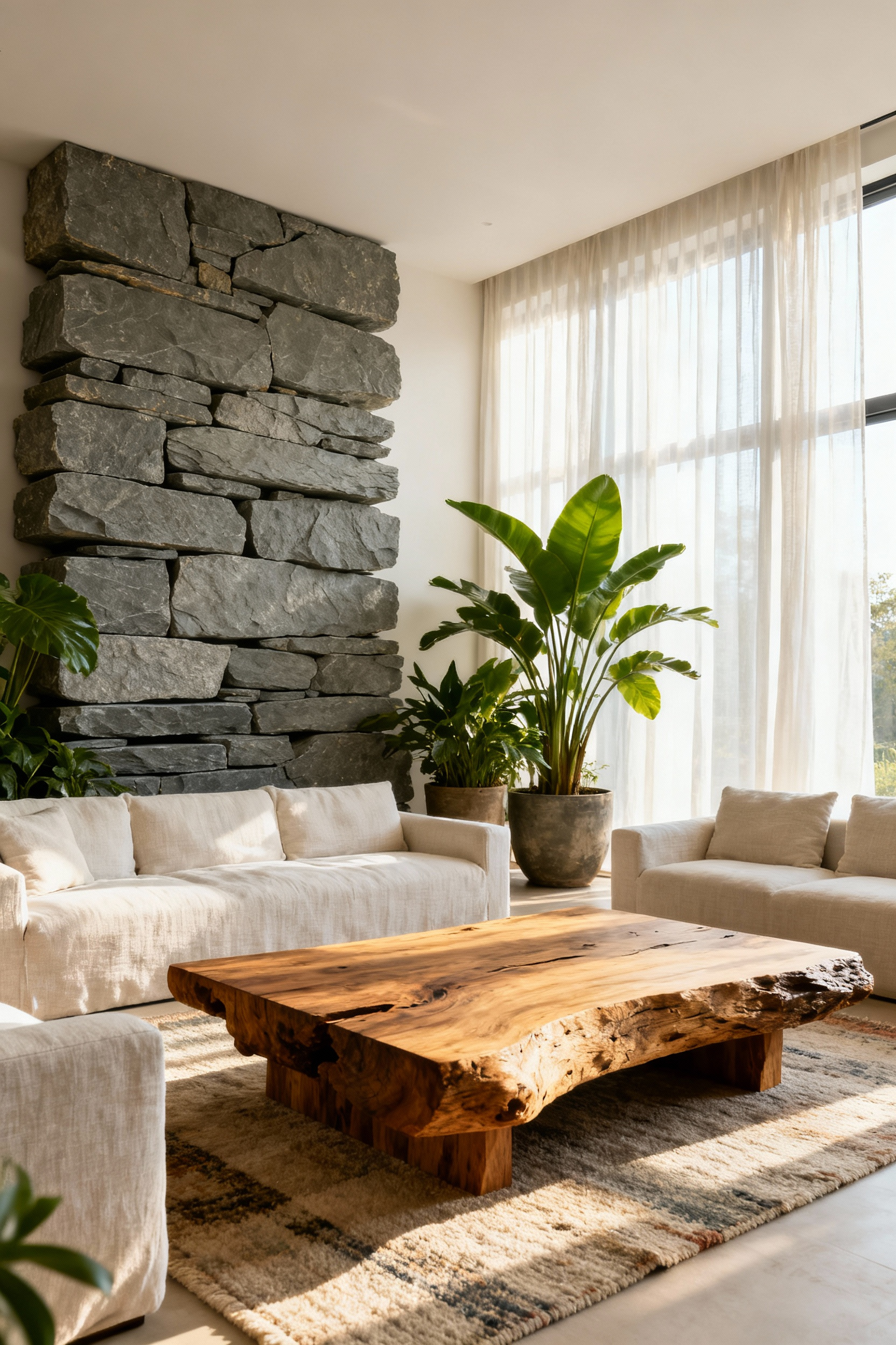 Serene living room featuring biophilic design elements like a raw wood coffee table, stacked slate stone fireplace, and abundant natural daylight, emphasizing mental well-being.