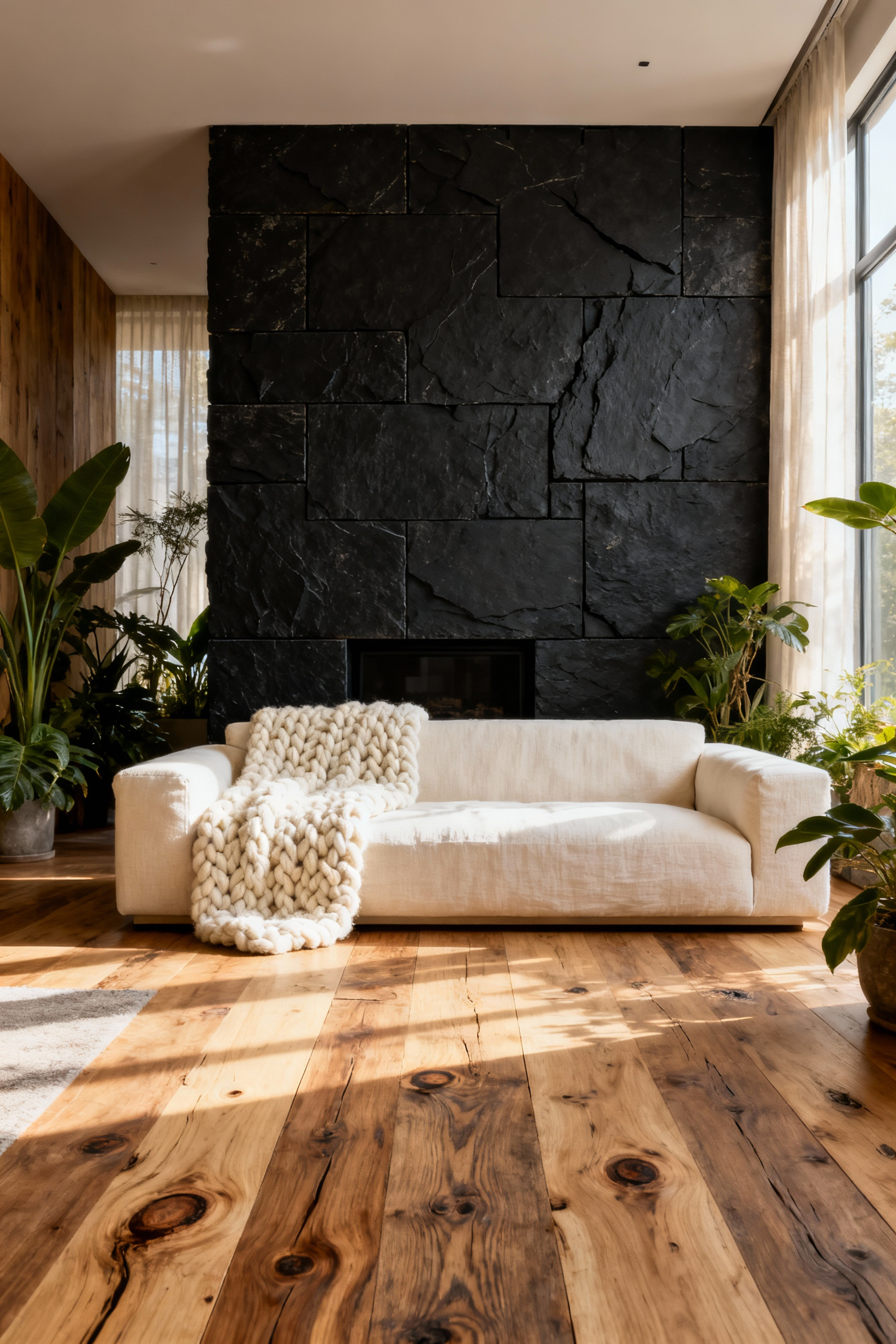 Detailed view of a biophilic living room design utilizing a rough black slate feature wall and raw timber flooring to create a grounded, restorative sanctuary.