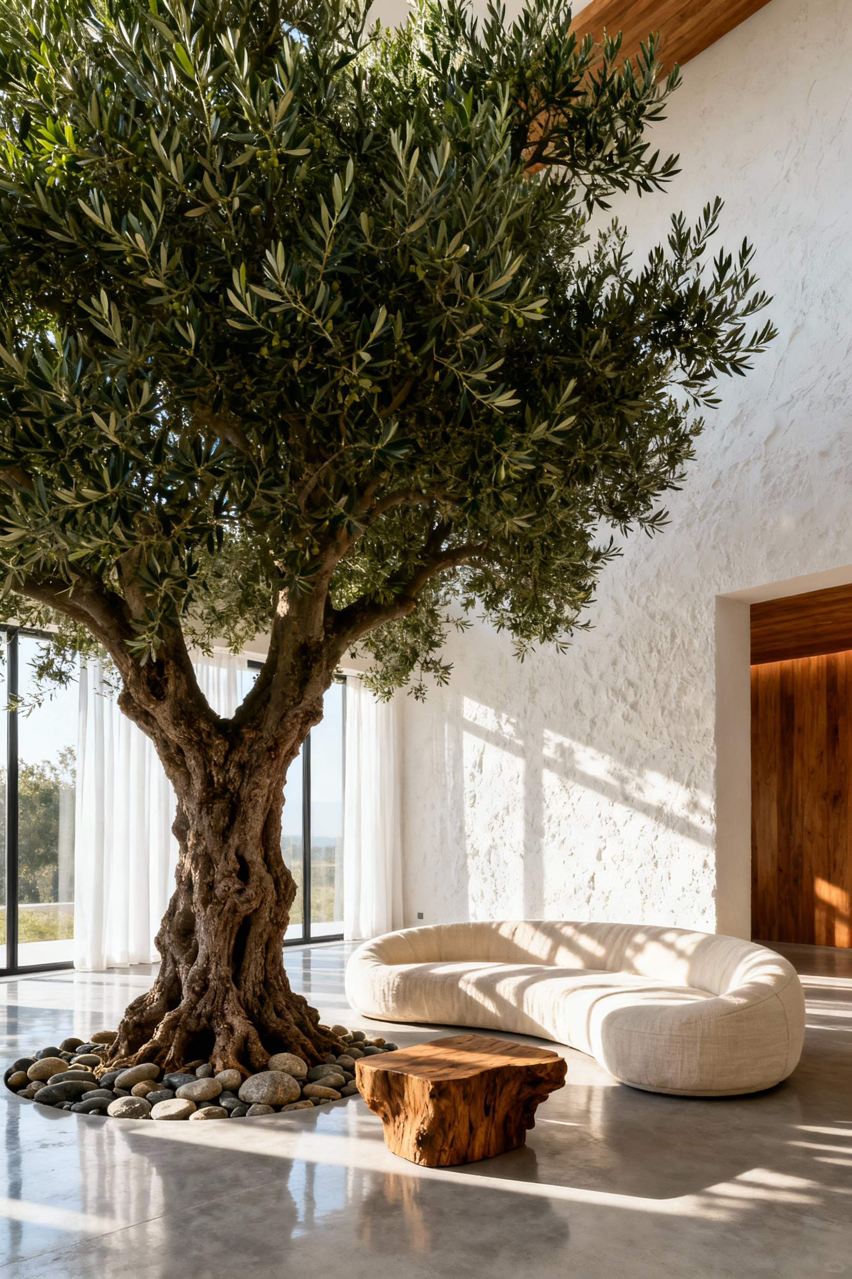 Detailed image of a modern living room where a towering indoor Olive Tree acts as a structural column, defining a cozy seating area, illustrating biophilic architecture and the Prospect and Refuge concept.