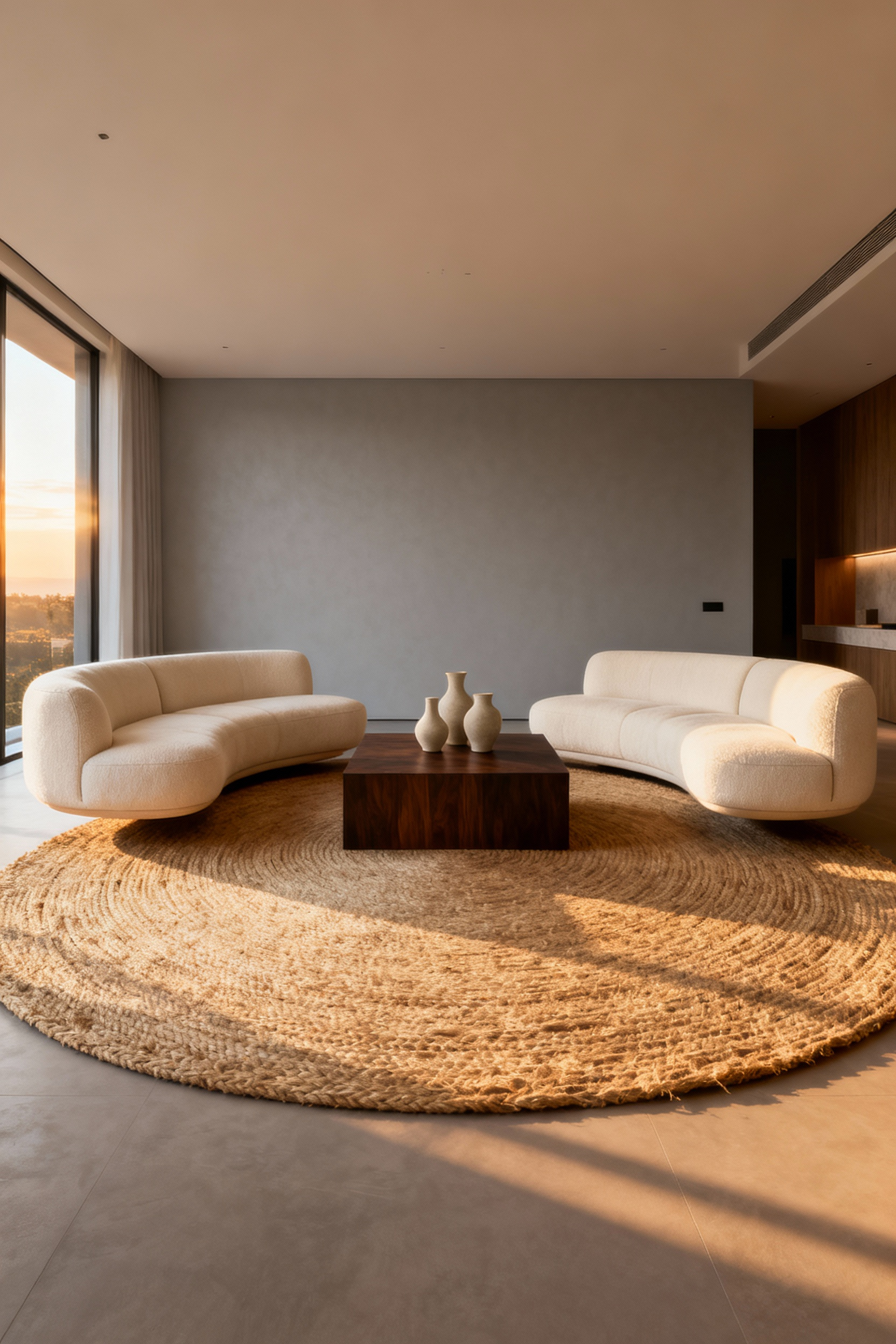 A vibrant interior photograph showing a living room designed as a conversation circle, featuring two cream-colored modular sofas placed symmetrically facing each other and floating away from the walls, anchored by a round jute rug.