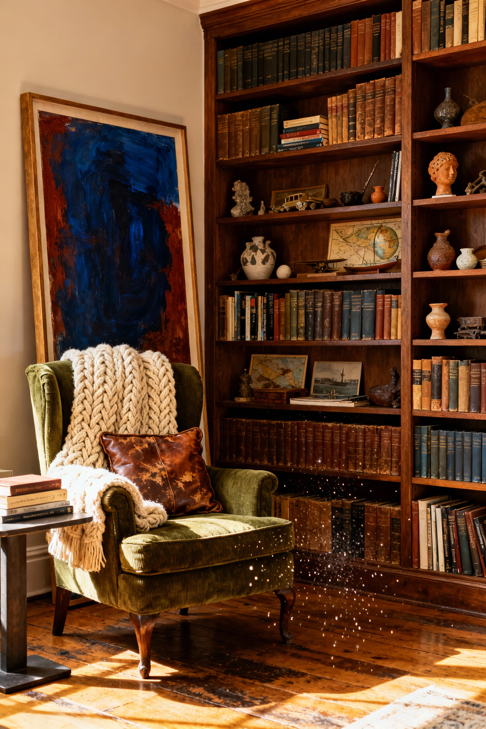 A cozy, well-loved living room corner featuring floor-to-ceiling built-in bookshelves filled with curated personal items and a moss-green armchair, captured in warm golden hour light.