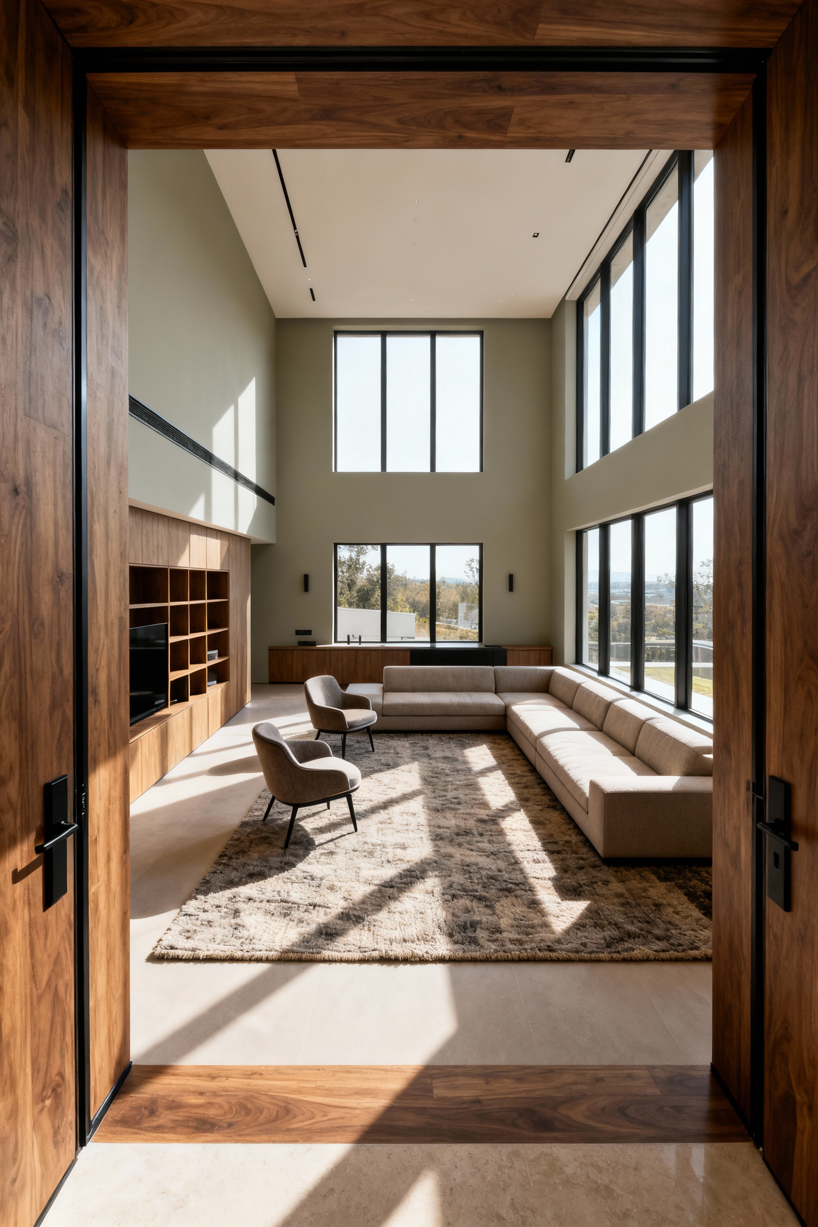 A bright, contemporary open-plan living room illustrating optimized flow and circulation with strategic furniture placement to serve as a multi-functional dynamic hub.