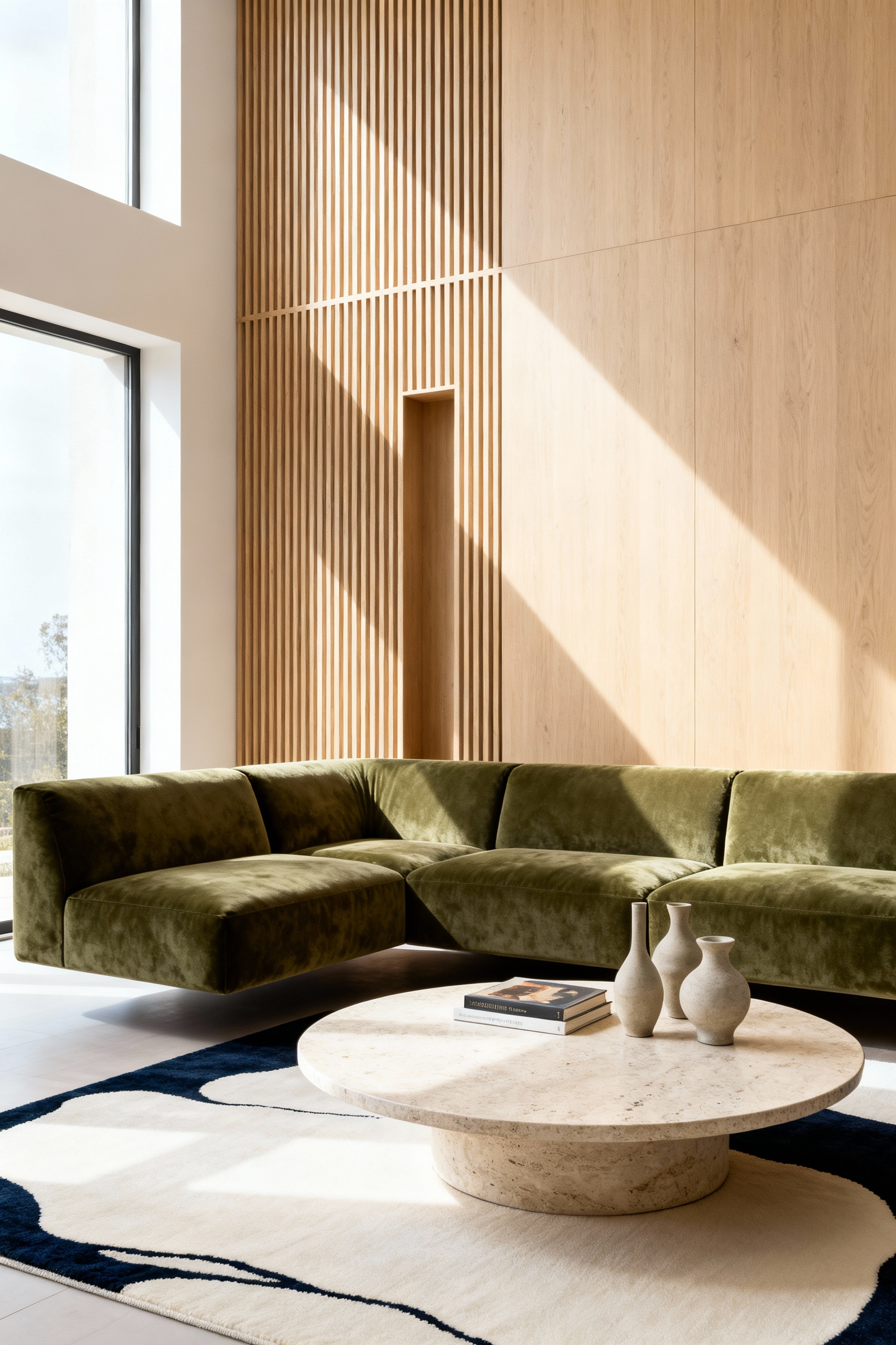 A photograph illustrating proper spatial psychology in a living room, showing a floating olive-green modular sofa positioned 40cm away from a light wood slat accent wall, emphasizing depth and dimension.