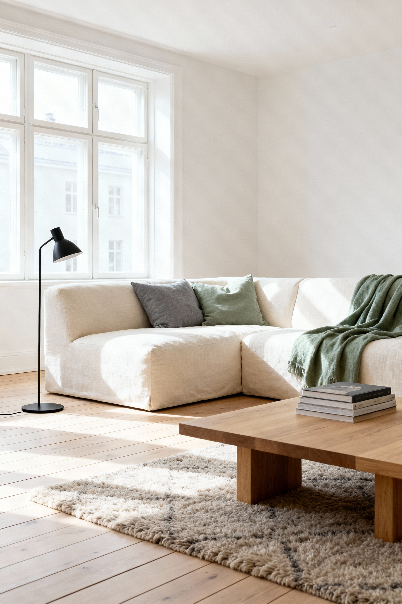 A bright, balanced Lagom living room featuring a cream linen sofa, solid oak coffee table, and purposeful, high-quality functional design elements, reflecting the Swedish philosophy of "just the right amount."