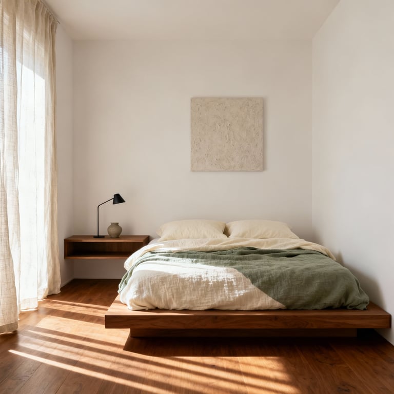 A serene small bedroom designed using the Lagom principle, featuring a low wooden bed, soft linen textiles, minimal essential furnishings, and warm diffused morning light, emphasizing intentionality over clutter.