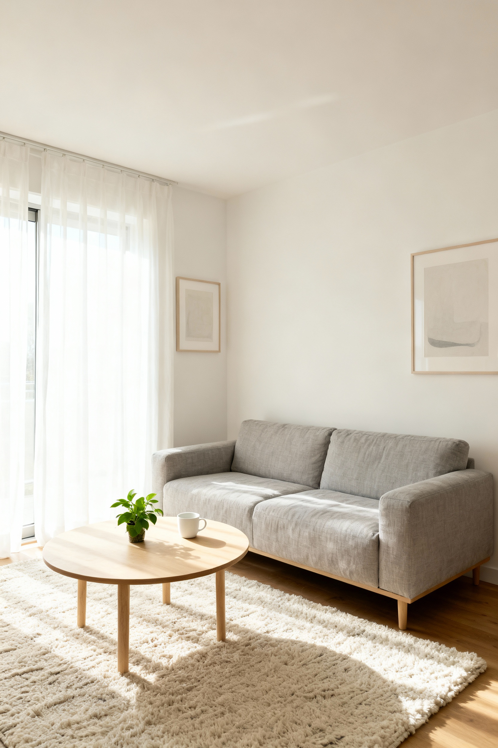 A minimalist Scandinavian living room demonstrating the Lagom philosophy with a light grey linen sofa, light oak coffee table, and intentionally uncluttered decor creating a peaceful, functional sanctuary.