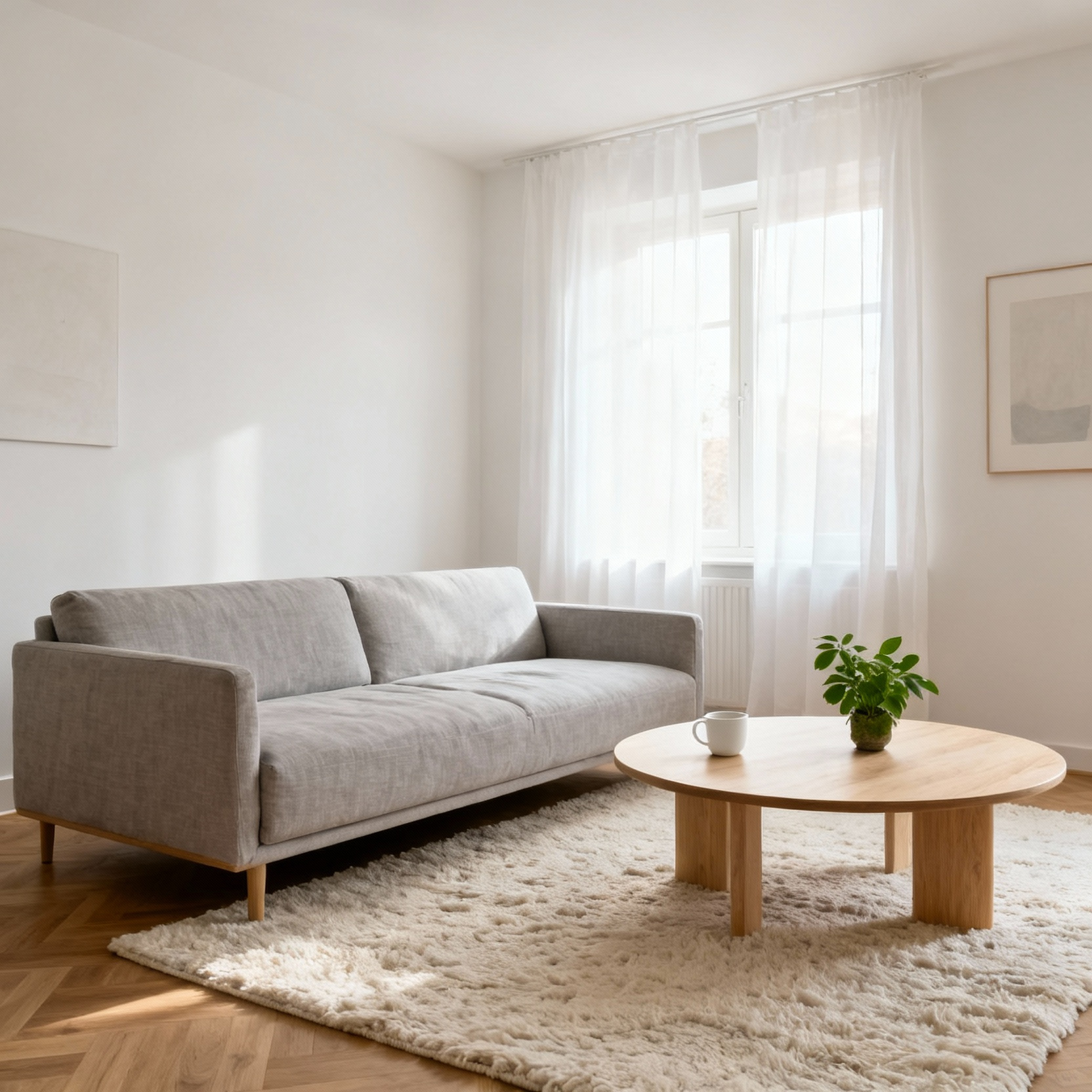 A minimalist Scandinavian living room demonstrating the Lagom philosophy with a light grey linen sofa, light oak coffee table, and intentionally uncluttered decor creating a peaceful, functional sanctuary.