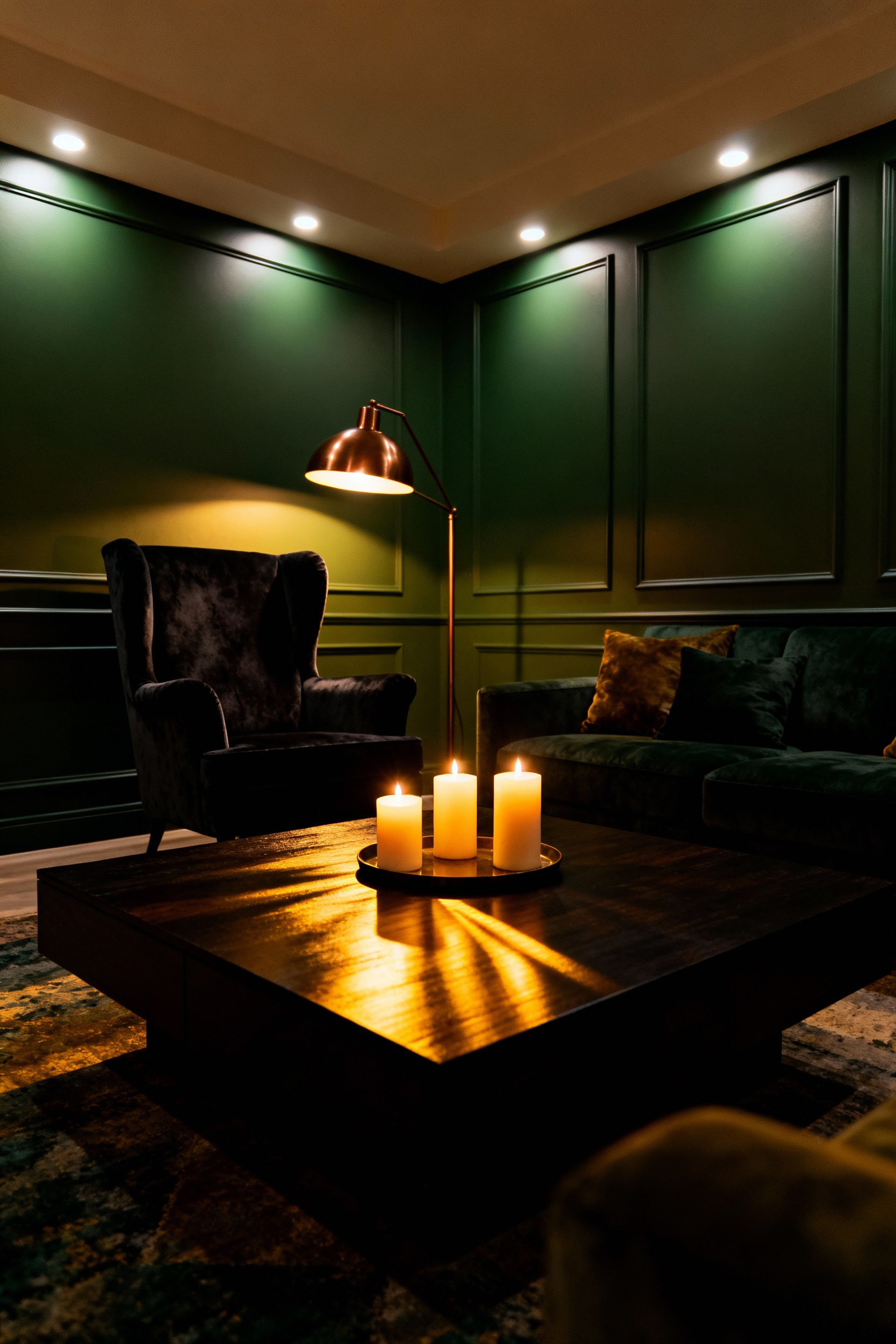 A photograph of a comfortable living room demonstrating balanced lighting layers, including warm ambient light, task lighting from a brass lamp, and flickering candlelight on a coffee table.