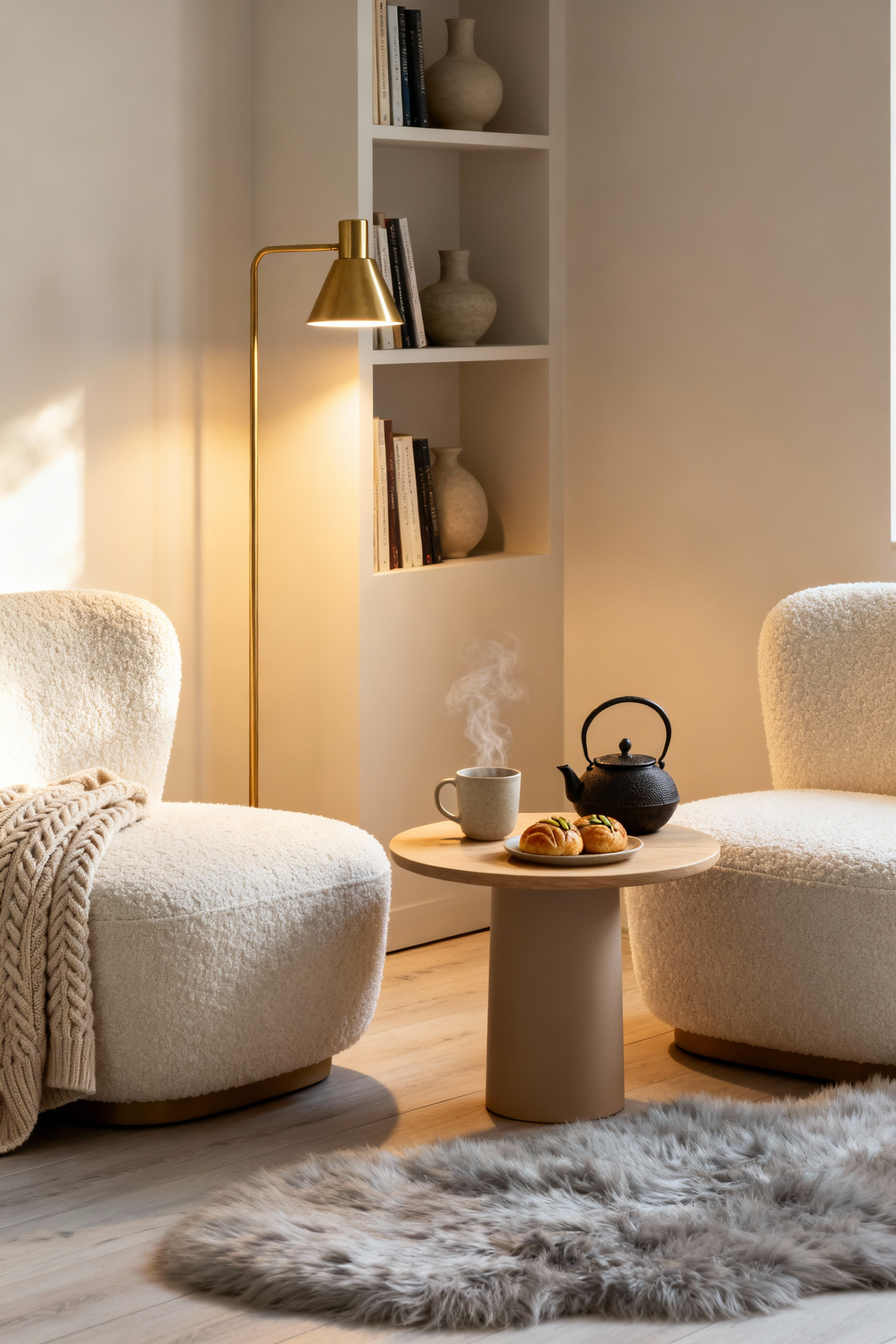 A cozy Scandinavian Fika corner featuring two facing cream boucle armchairs, a low oak side table holding stoneware mugs, and warm golden lighting, designed as an intimate zone for technology-free connection.