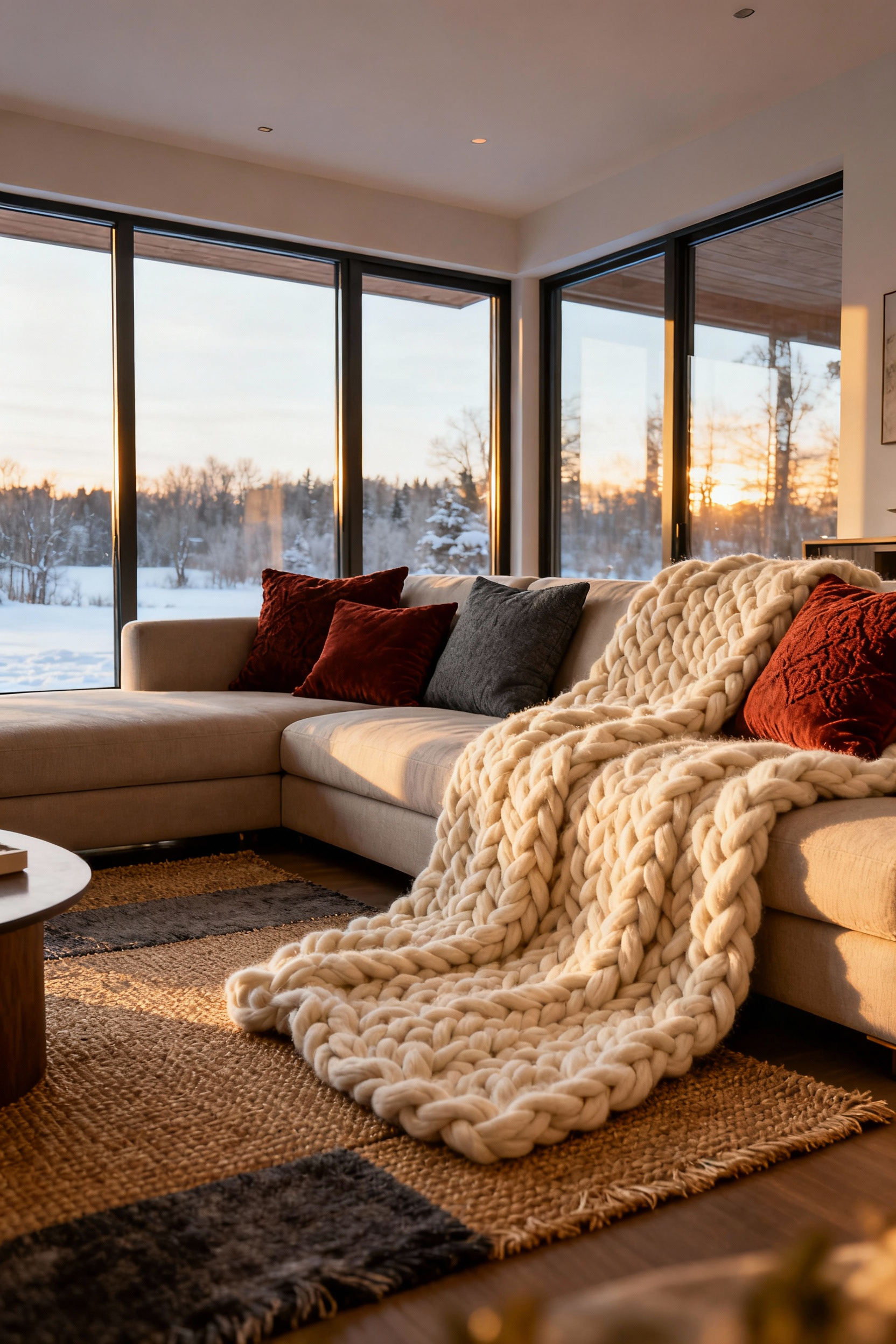 A stylish living room showcasing heavy layered textiles like wool throws and textured pillows for thermal regulation and seasonal warmth.