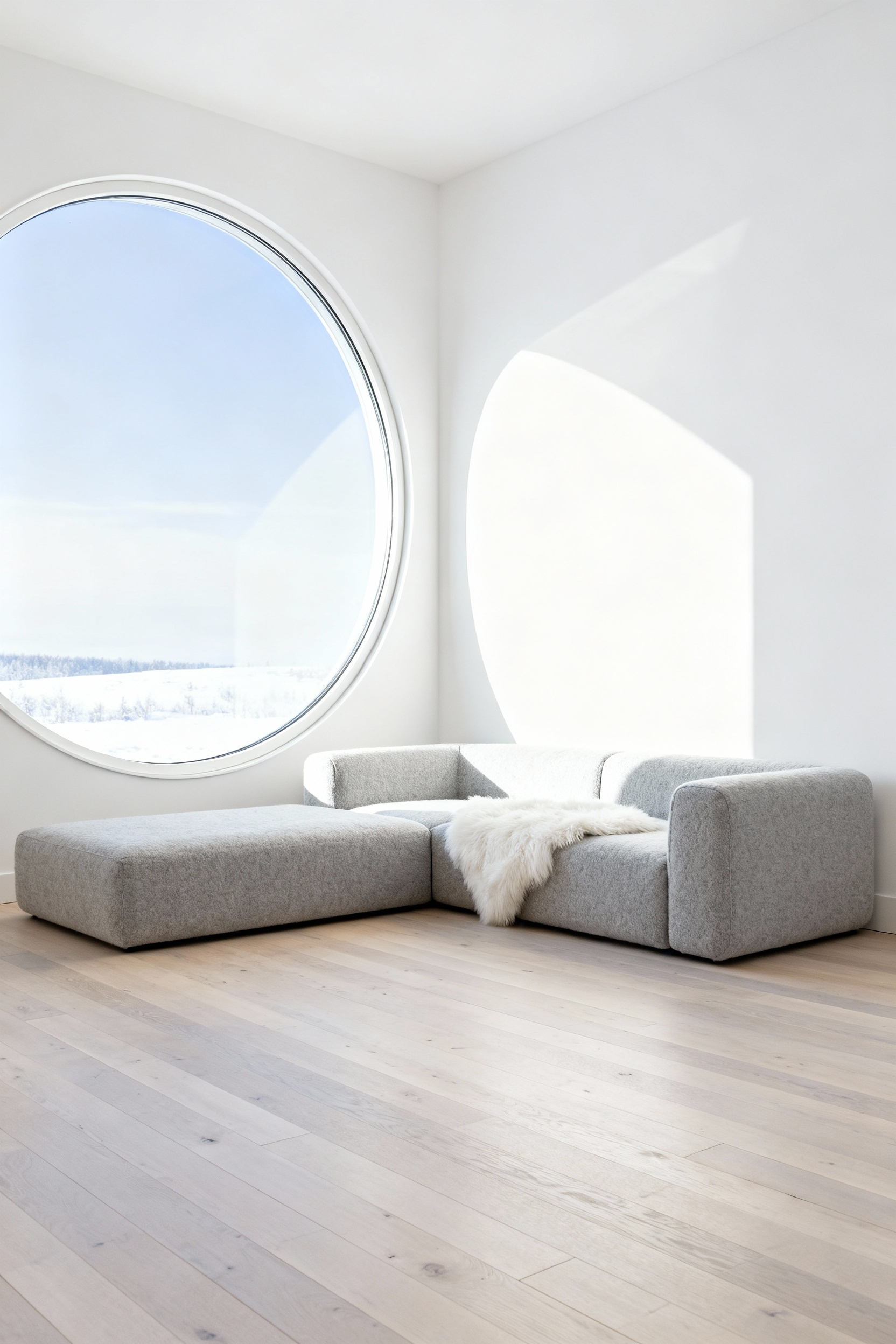 Bright Nordic living room showing maximized daylight through pale walls, reflective surfaces, and a large mirror positioned opposite an unobstructed window.