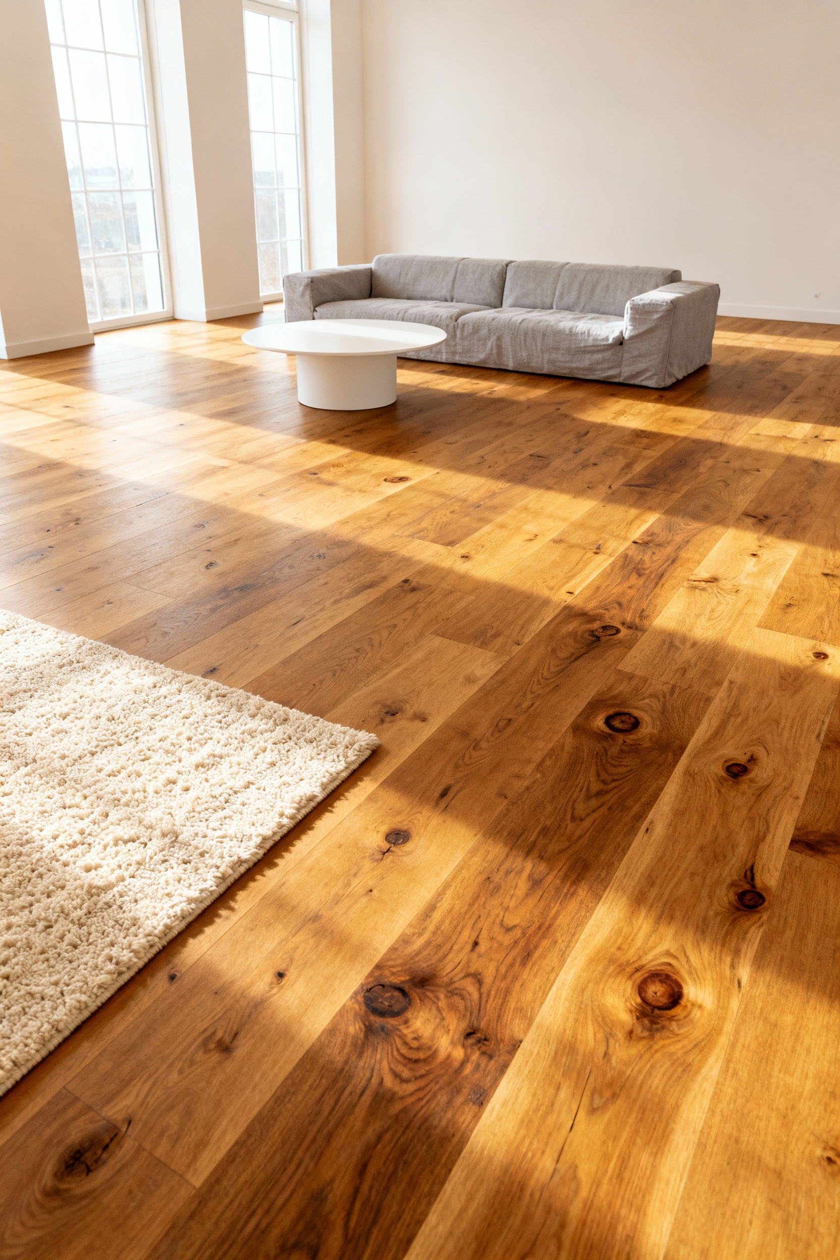 Wide shot of a Scandinavian living room showcasing expansive untreated oak hardwood flooring with a warm honey patina, coarse grain texture, and minimal light gray furniture.