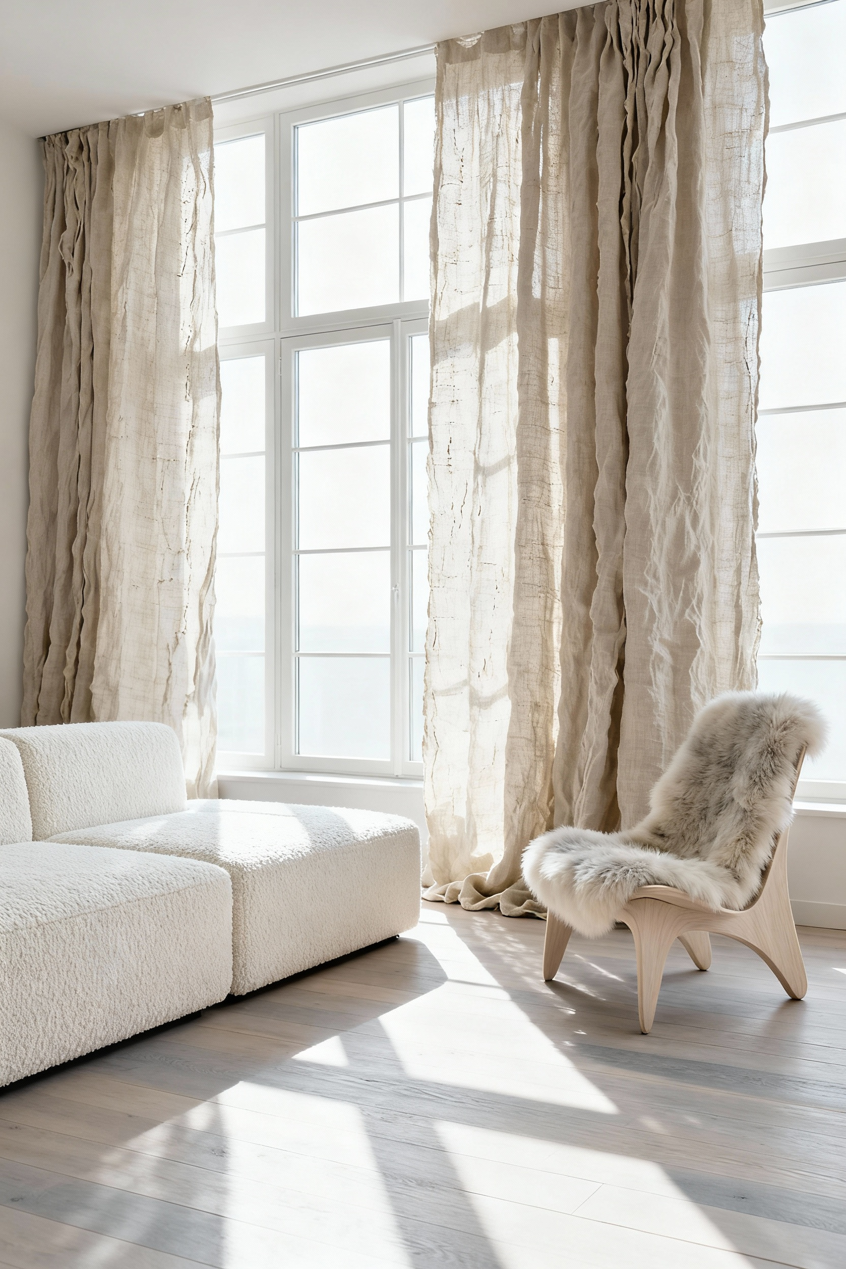 A minimalist Scandinavian living room design featuring floor-to-ceiling raw linen curtains, a cream bouclé sofa, and layered natural textiles illustrating the concept of tactile hierarchy.