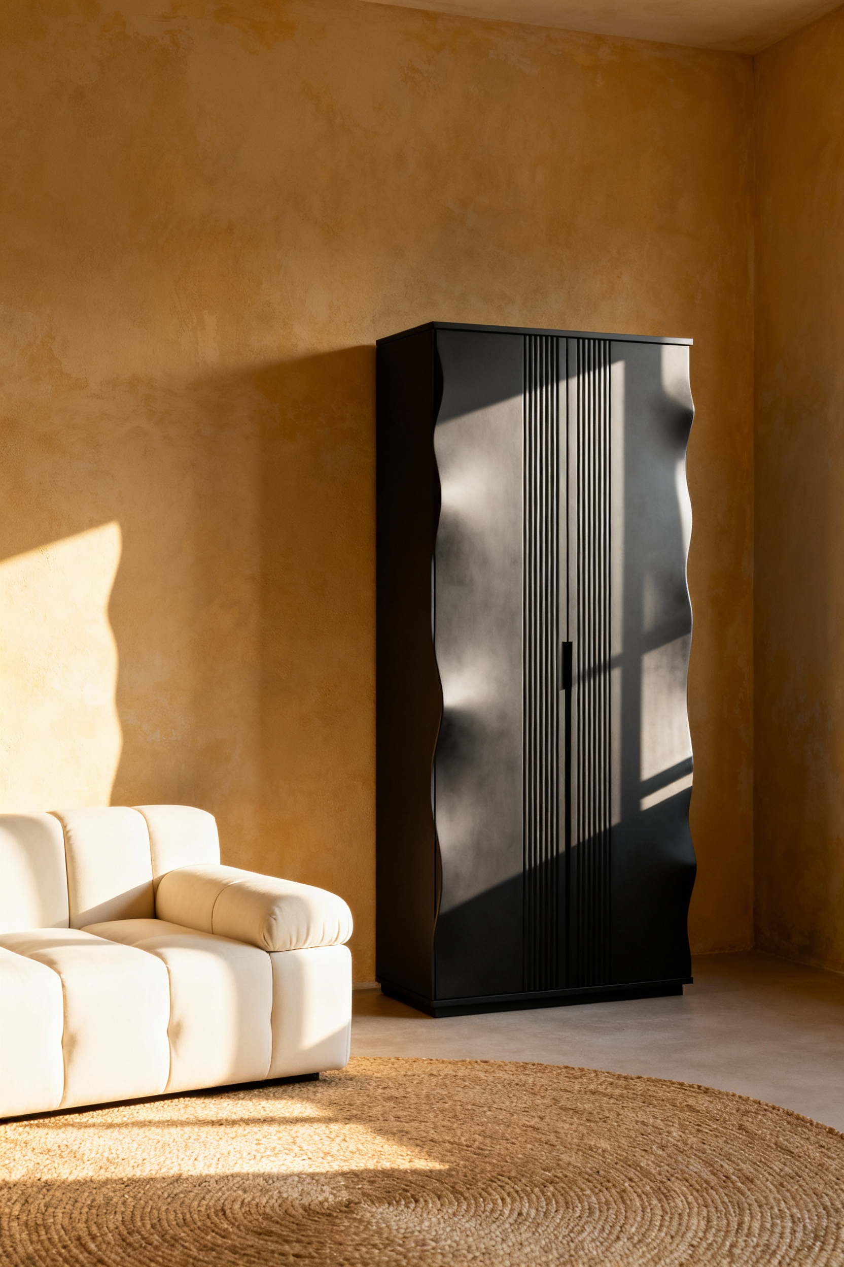 A minimalist living room featuring a tall, matte-charcoal sculptural cabinet against a limewash wall, illustrating hidden storage that reduces visual clutter.