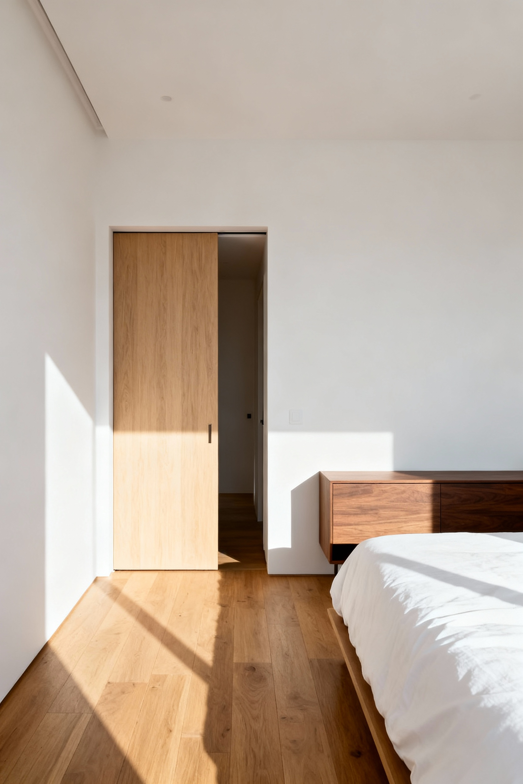 Small modern bedroom entrance featuring an open light oak pocket door, allowing a narrow dresser to be placed flush against the wall, maximizing usable floor space.