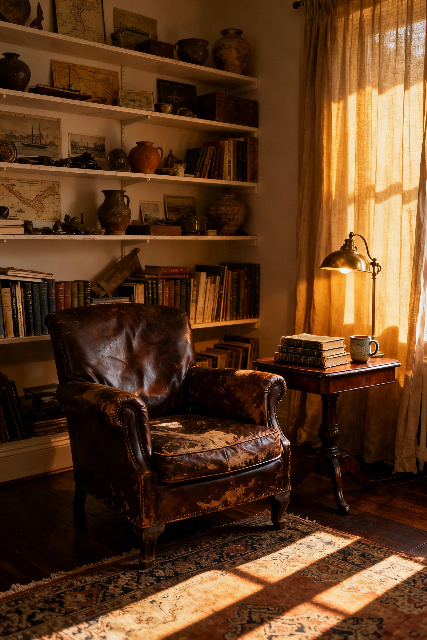 A warm, lived-in living room featuring a distressed leather armchair, vintage Persian rug, and antique furniture, reflecting authentic, non-showroom interior design.