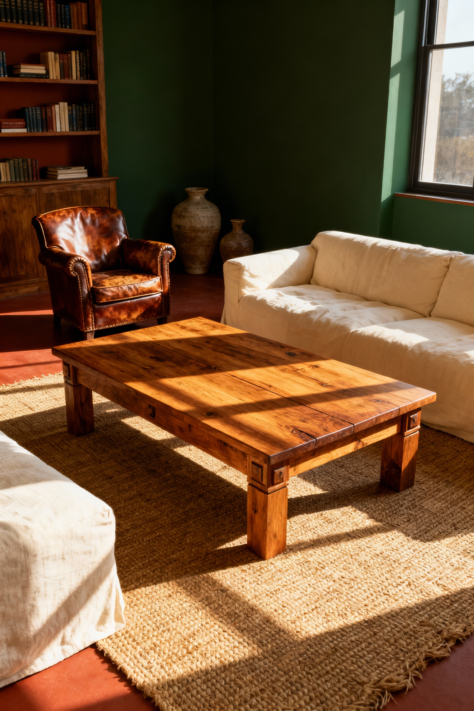 A hyperrealistic photograph of an heirloom-quality living room featuring solid oak furniture and natural linen upholstery, symbolizing sustainable interior design and longevity over disposable fast furniture.