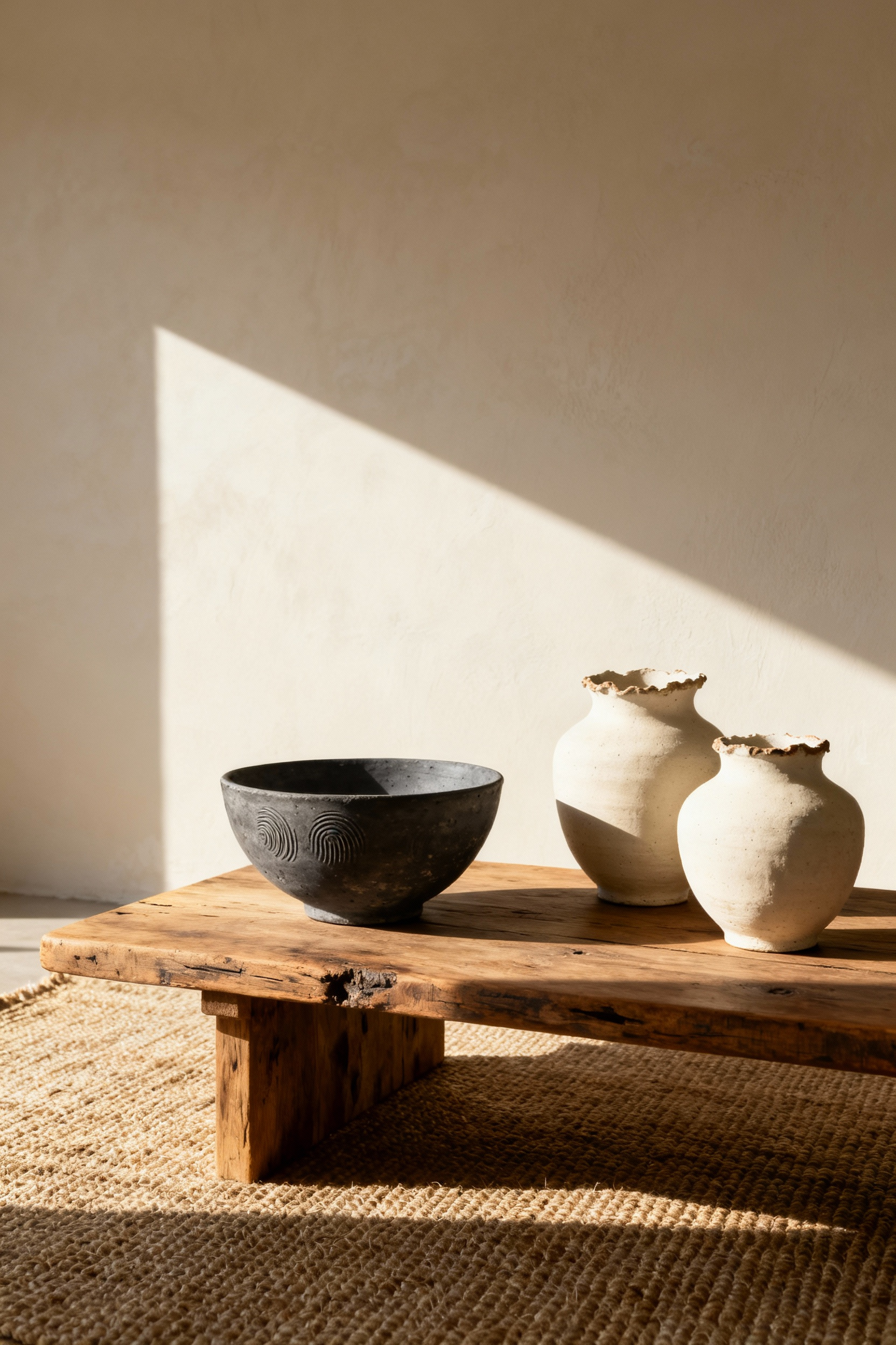 A minimalist Wabi-Sabi living room corner featuring a reclaimed wood table holding three uneven, unglazed hand-turned ceramic bowls, emphasizing the beauty of imperfection and texture.